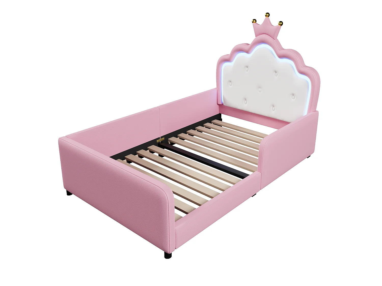 Letto imbottito 90 x 190 cm - con luci LED - Letto principessa a forma di corona - con barriere di sicurezza - Rosa (materasso non incluso)