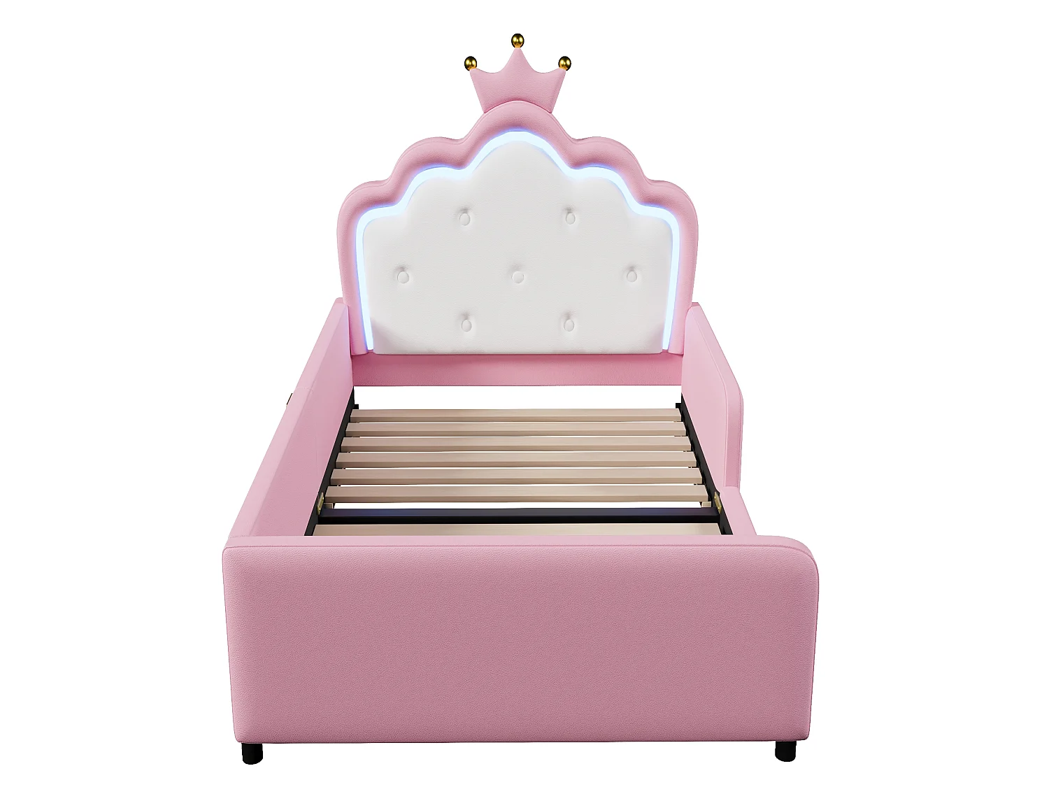 Letto imbottito 90 x 190 cm - con luci LED - Letto principessa a forma di corona - con barriere di sicurezza - Rosa (materasso non incluso)