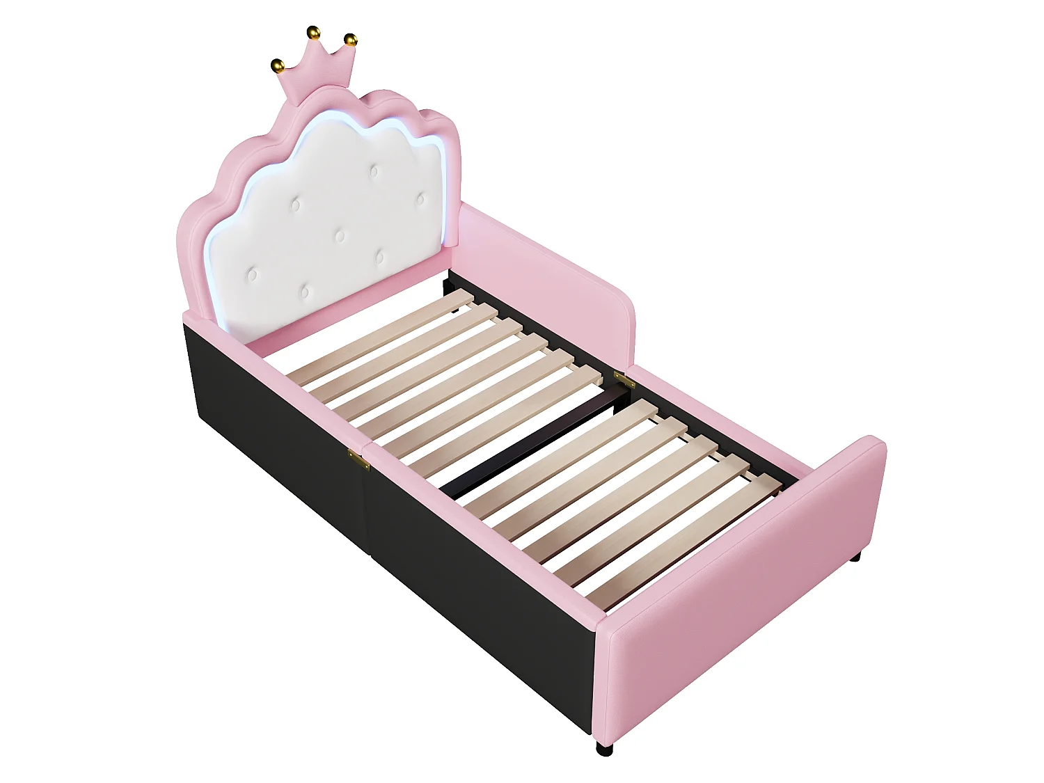 Letto imbottito 90 x 190 cm - con luci LED - Letto principessa a forma di corona - con barriere di sicurezza - Rosa (materasso non incluso)