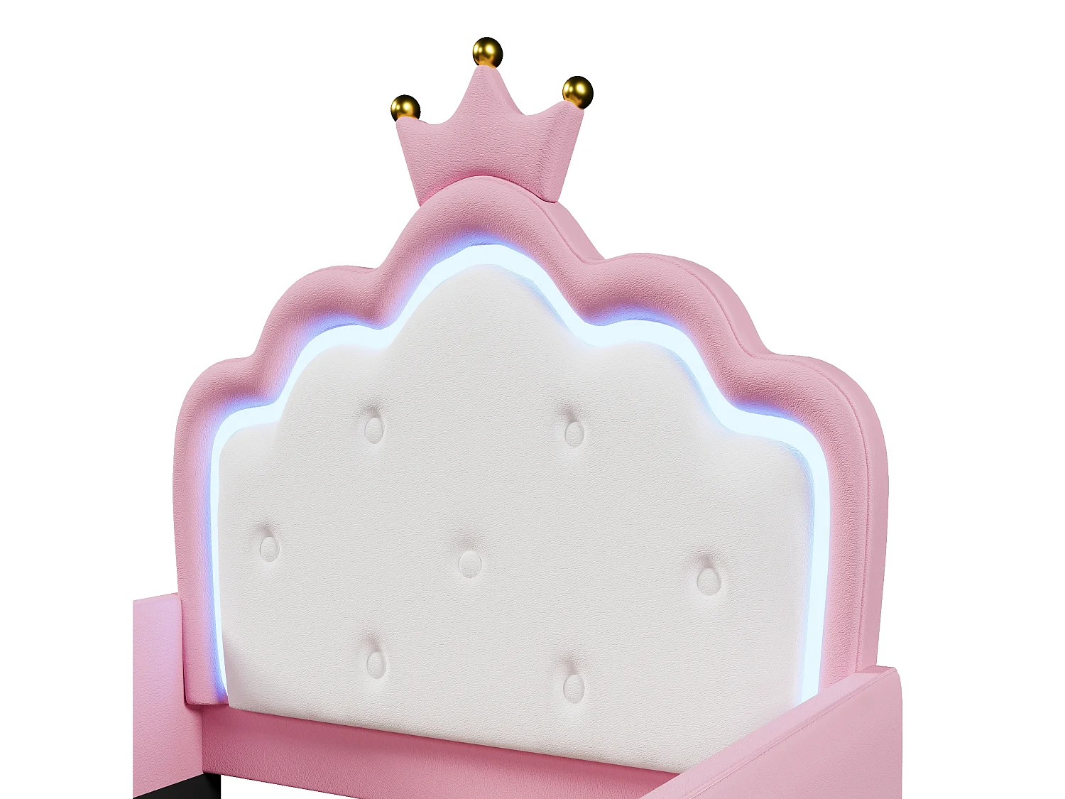 Letto imbottito 90 x 190 cm - con luci LED - Letto principessa a forma di corona - con barriere di sicurezza - Rosa (materasso non incluso)