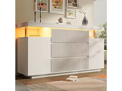 Modern buffet 150x40x78 cm - with LED lighting - 6 drawers and 2 doors - grooved panel - floating design - white