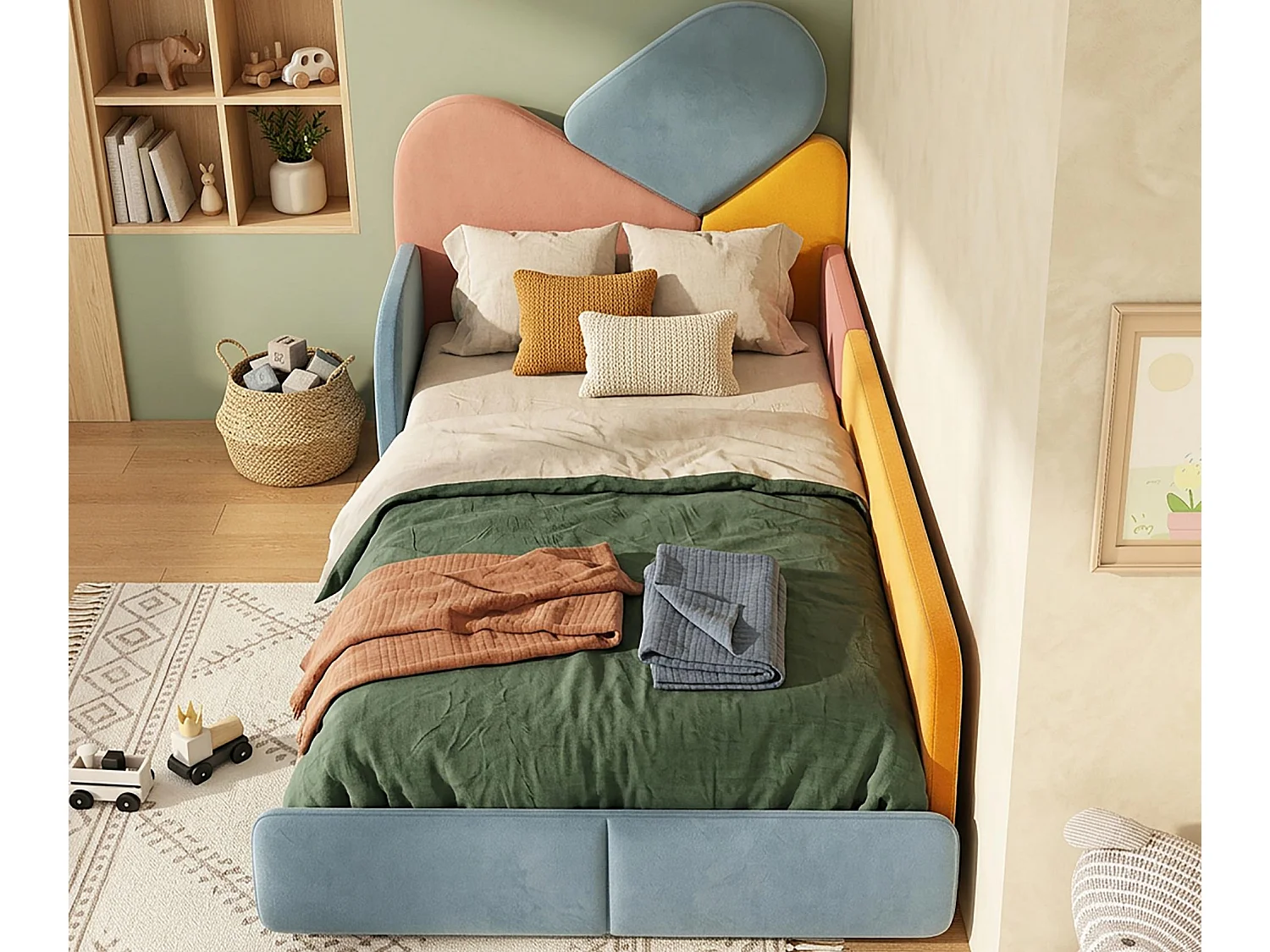 Lit enfant rembourré 90x200cm - lit simple multicolore - avec rambarde latérale - velours - Bleu, jaune, rose (sans matelas)