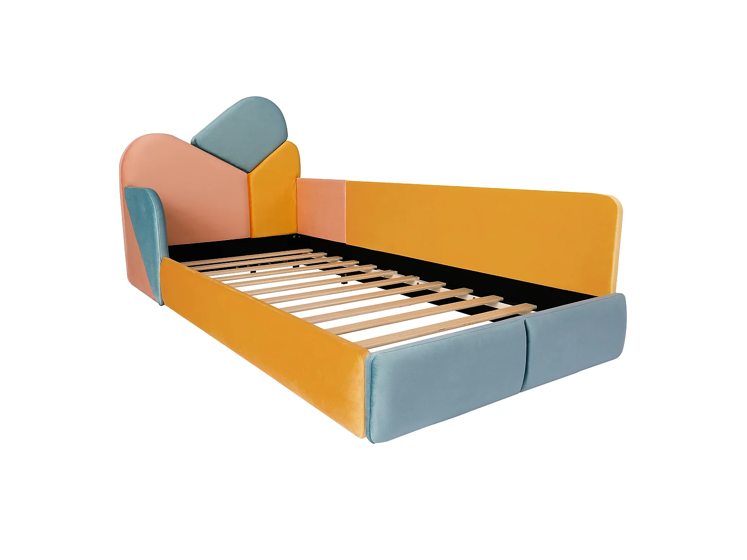 Lit enfant rembourré 90x200cm - lit simple multicolore - avec rambarde latérale - velours - Bleu, jaune, rose (sans matelas)