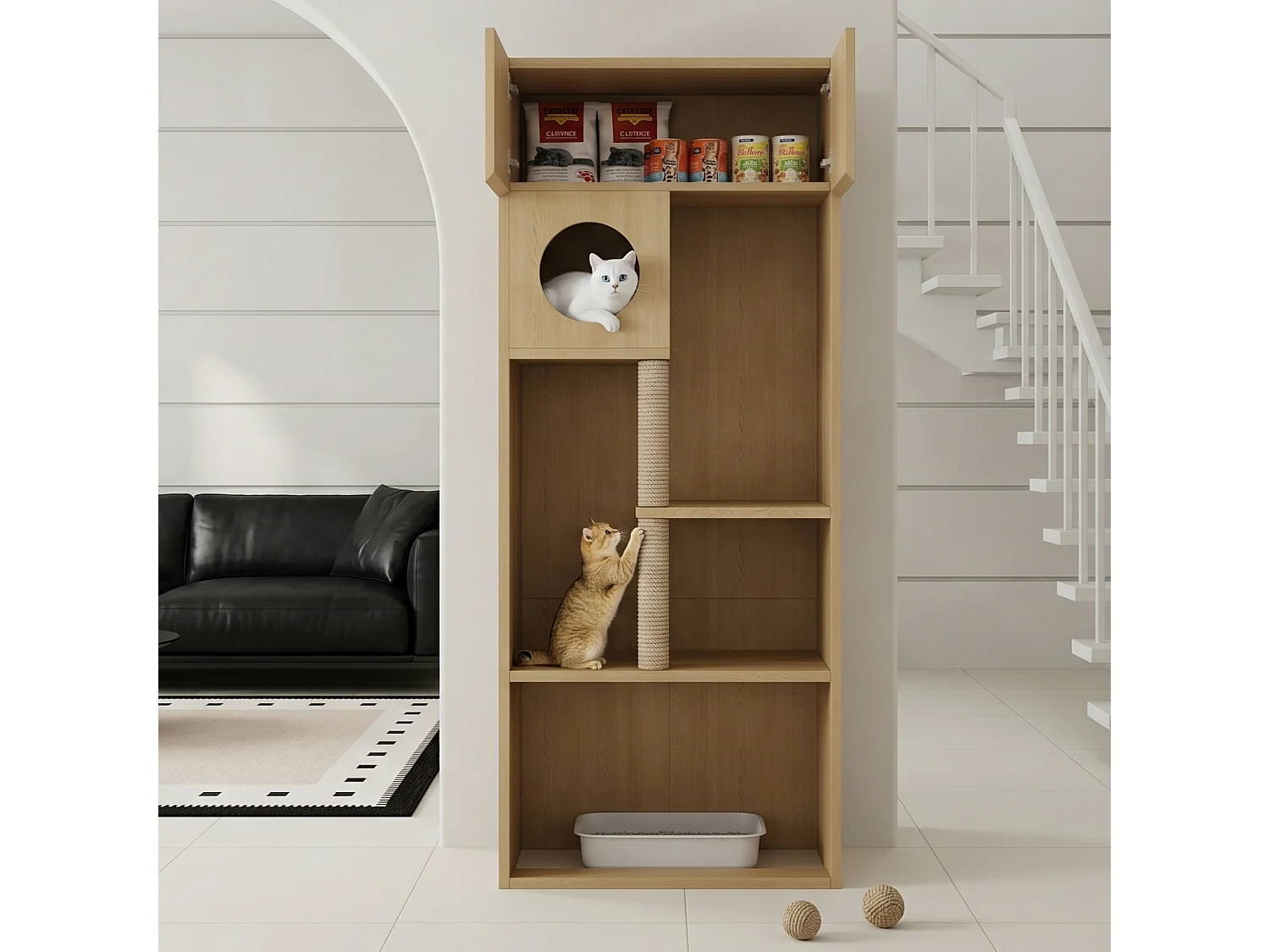 Arbre à chat avec meuble de rangement - Meuble avec griffoir (Bac à litière non inclus) - 80 x 45 x 193 cm - Couleur naturelle