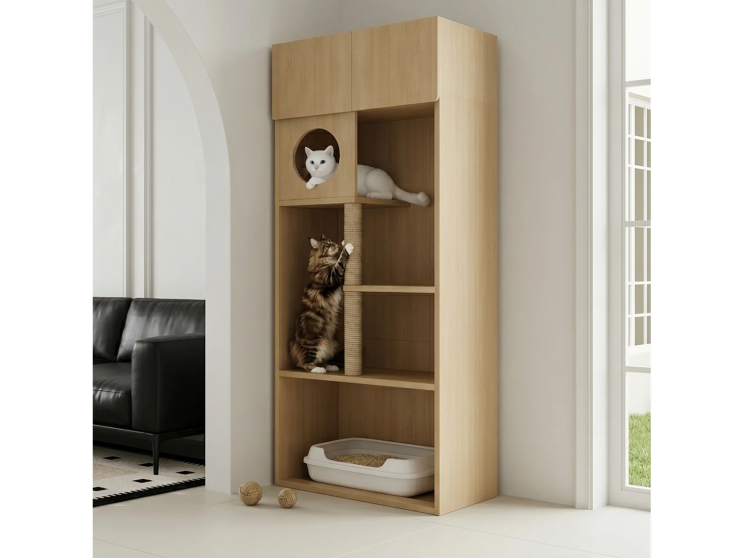 Arbre à chat avec meuble de rangement - Meuble avec griffoir (Bac à litière non inclus) - 80 x 45 x 193 cm - Couleur naturelle