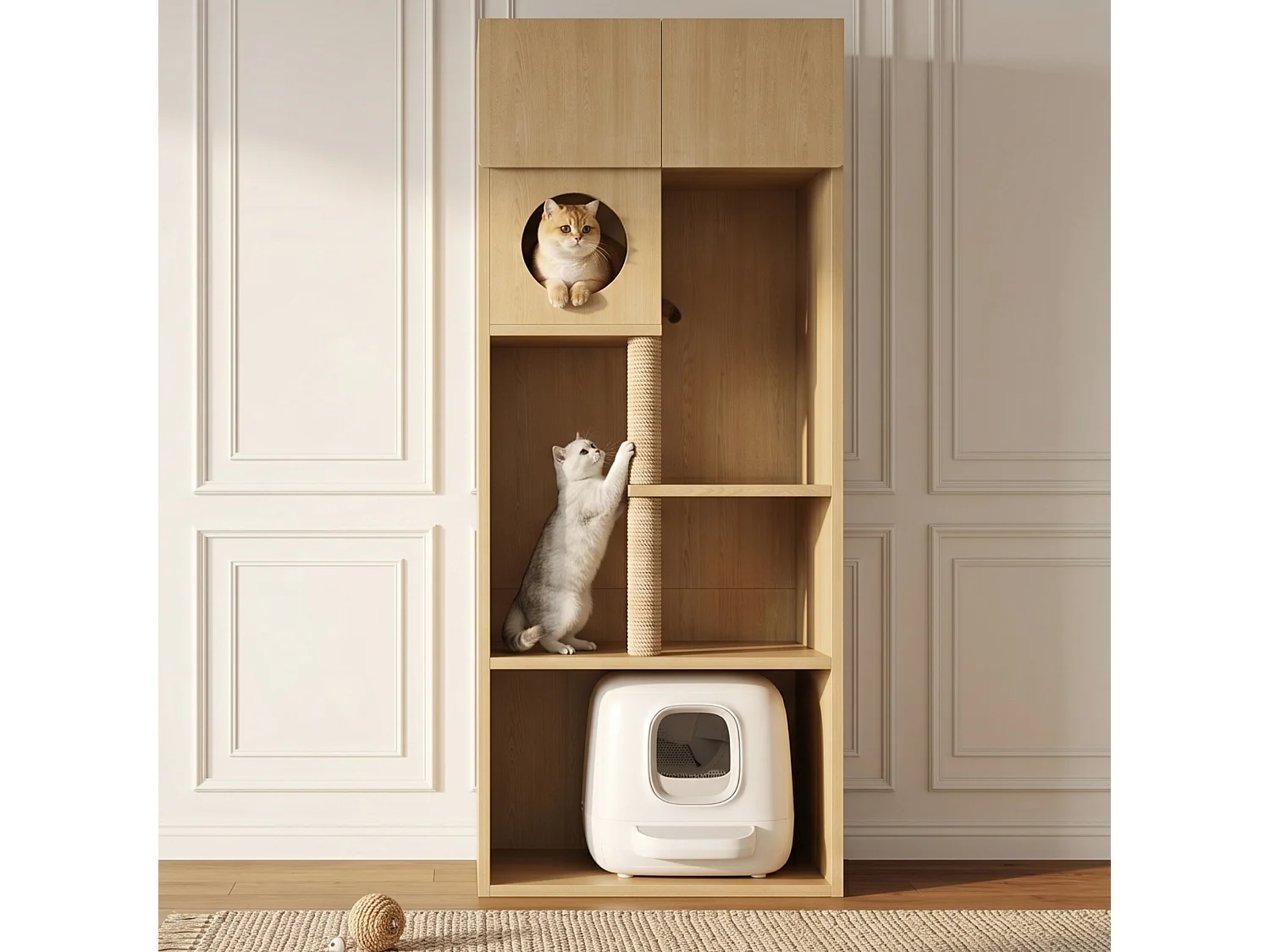 Arbre à chat avec meuble de rangement - Meuble avec griffoir (Bac à litière non inclus) - 80 x 45 x 193 cm - Couleur naturelle