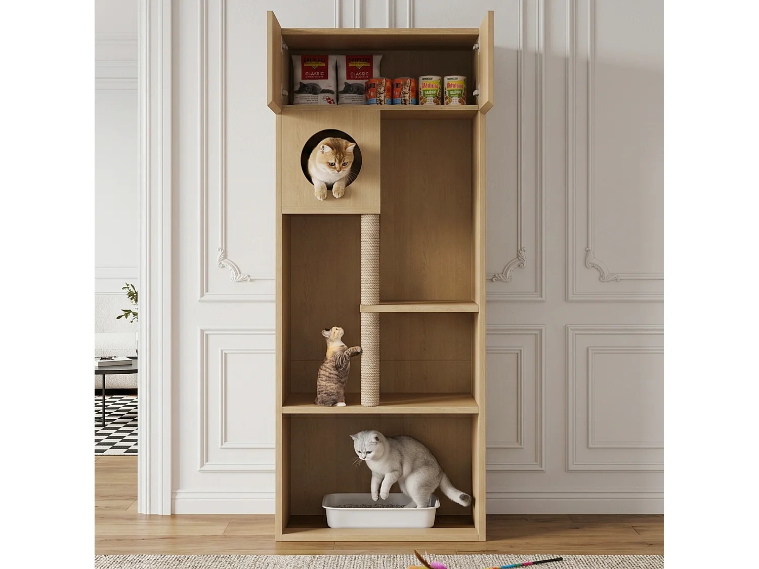 Arbre à chat avec meuble de rangement - Meuble avec griffoir (Bac à litière non inclus) - 80 x 45 x 193 cm - Couleur naturelle