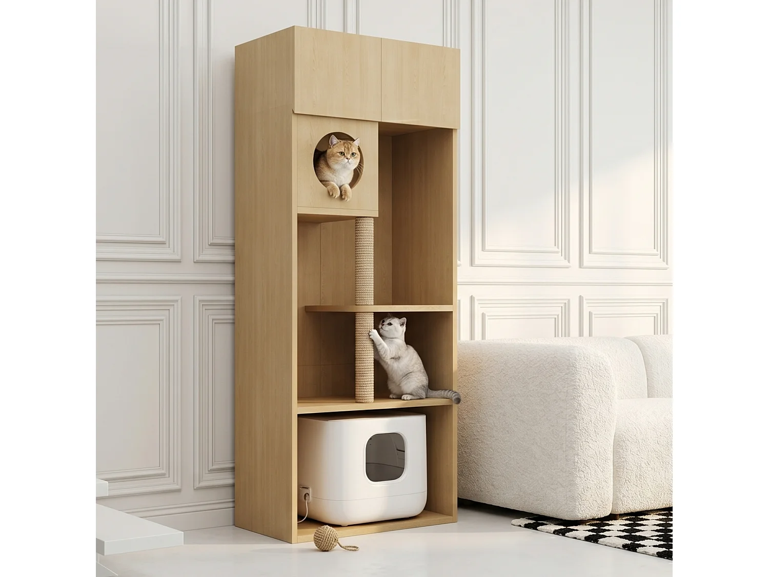 Arbre à chat avec meuble de rangement - Meuble avec griffoir (Bac à litière non inclus) - 80 x 45 x 193 cm - Couleur naturelle