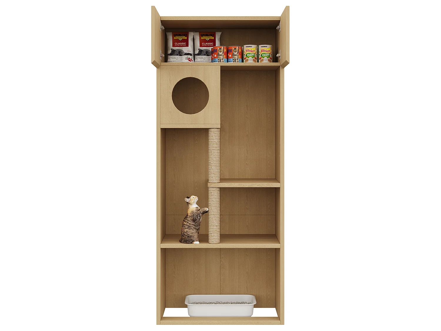Arbre à chat avec meuble de rangement - Meuble avec griffoir (Bac à litière non inclus) - 80 x 45 x 193 cm - Couleur naturelle
