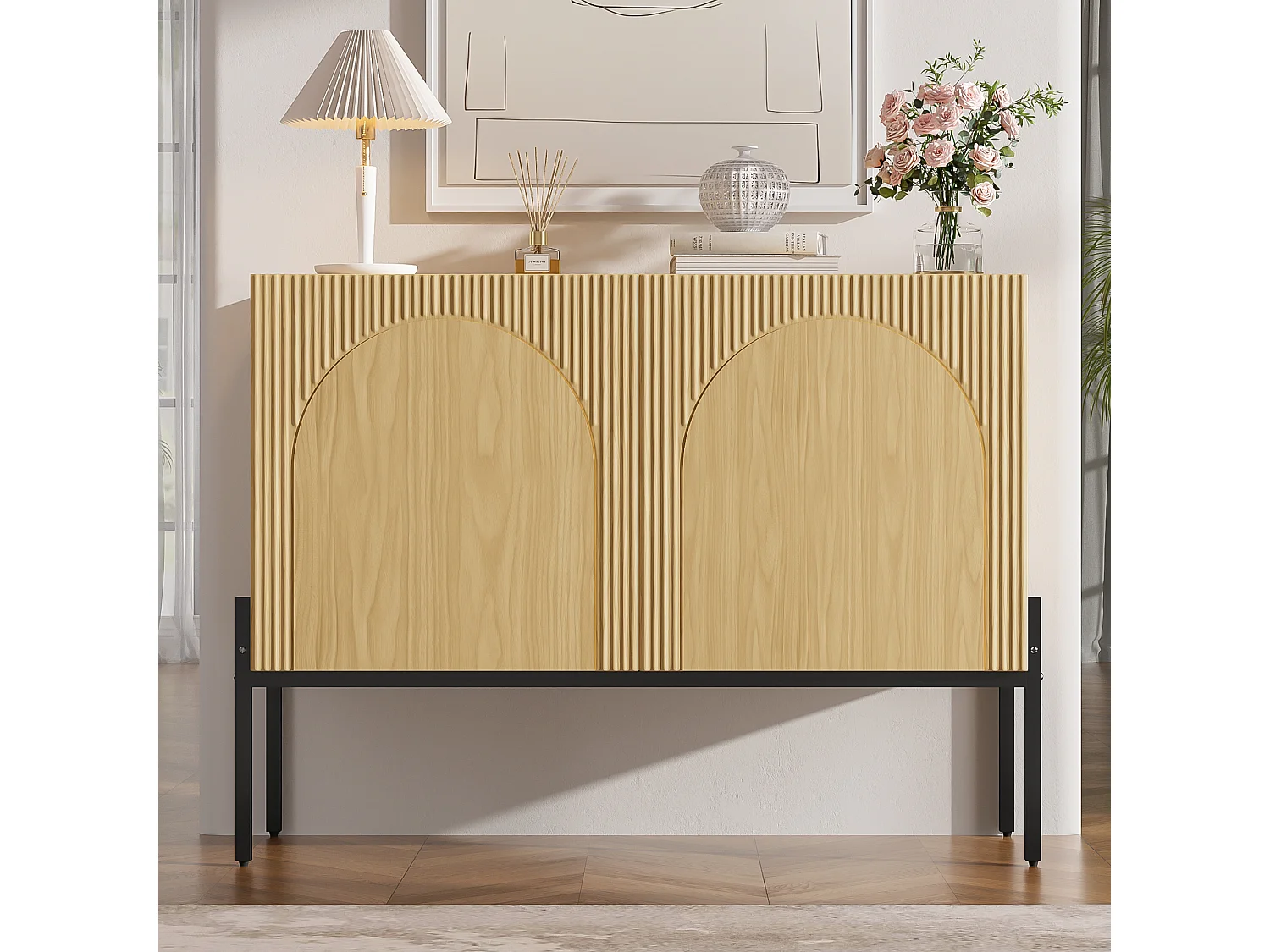 Buffet moderne 100x40x75cm - avec 2 portes - pieds en métal - conception de lignes courbes - panneau de particules - Naturel