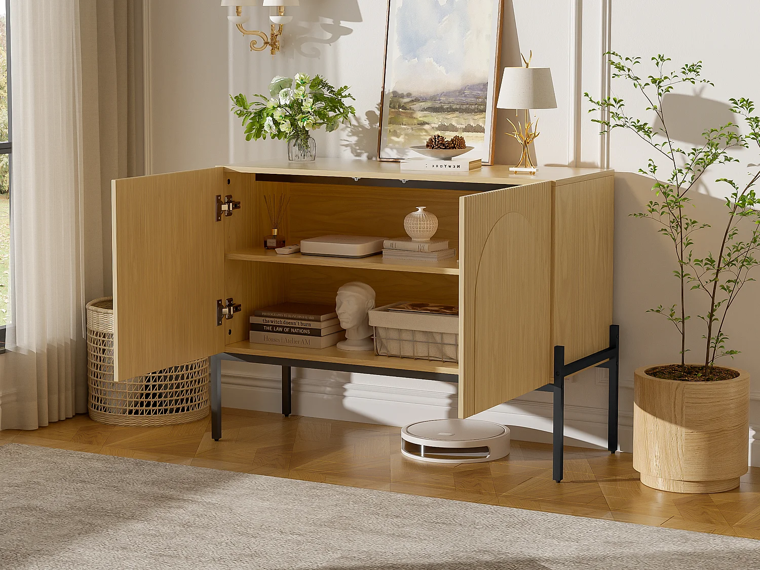 Buffet moderne 100x40x75cm - avec 2 portes - pieds en métal - conception de lignes courbes - panneau de particules - Naturel