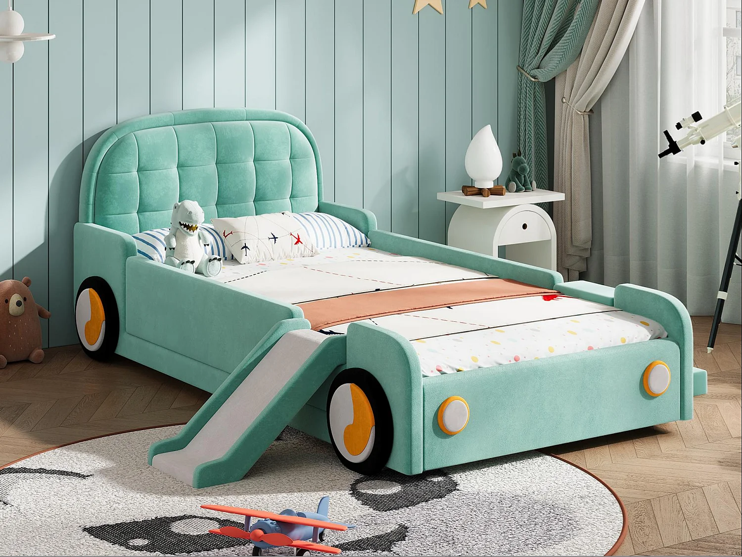 Einzelbett für Kinder gepolstert 90x200cm - mit Rutsche und Treppe - kann links oder rechts aufgestellt werden - Velours - blau-grün (ohne Matratze)