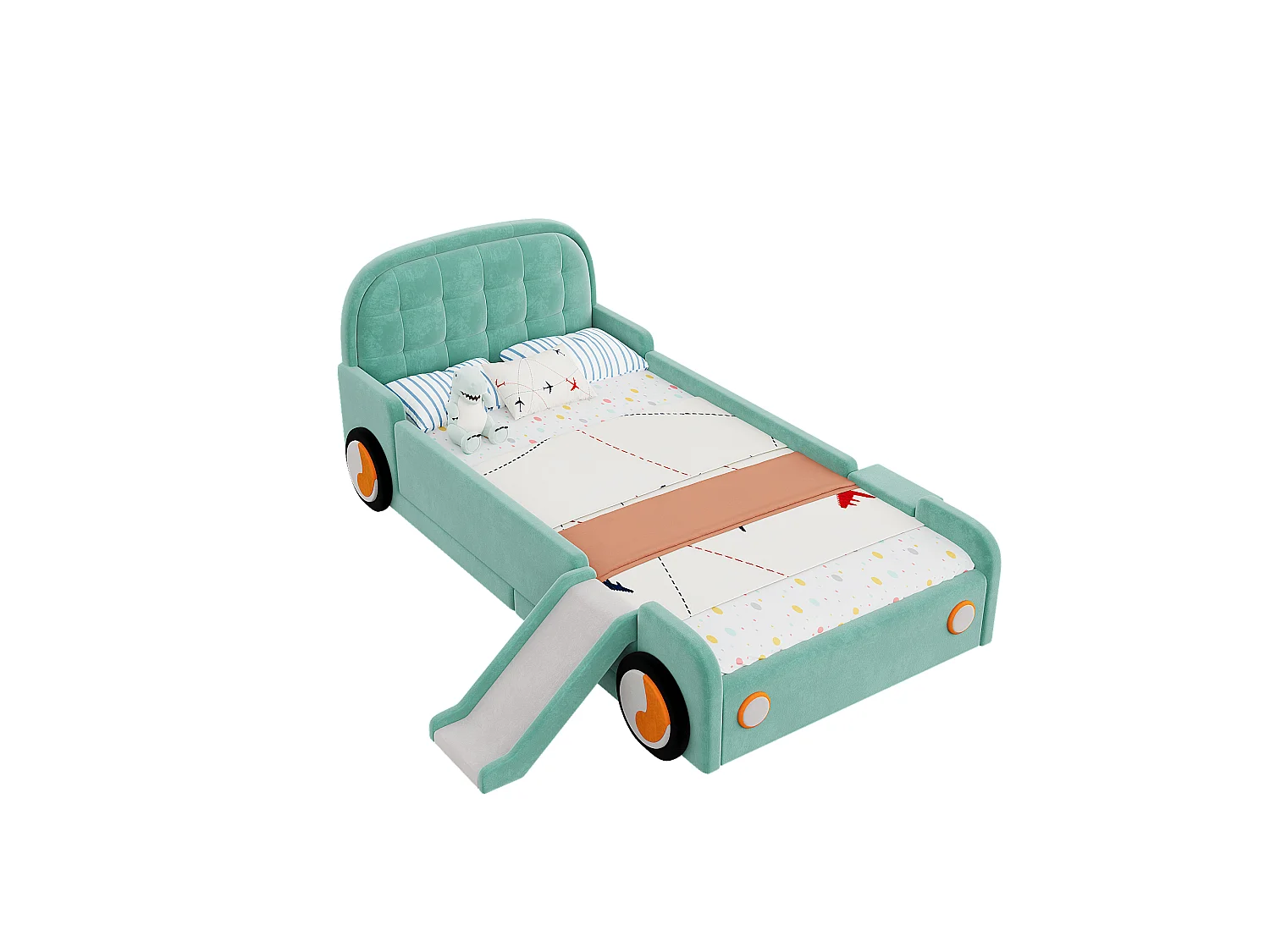 Einzelbett für Kinder gepolstert 90x200cm - mit Rutsche und Treppe - kann links oder rechts aufgestellt werden - Velours - blau-grün (ohne Matratze)