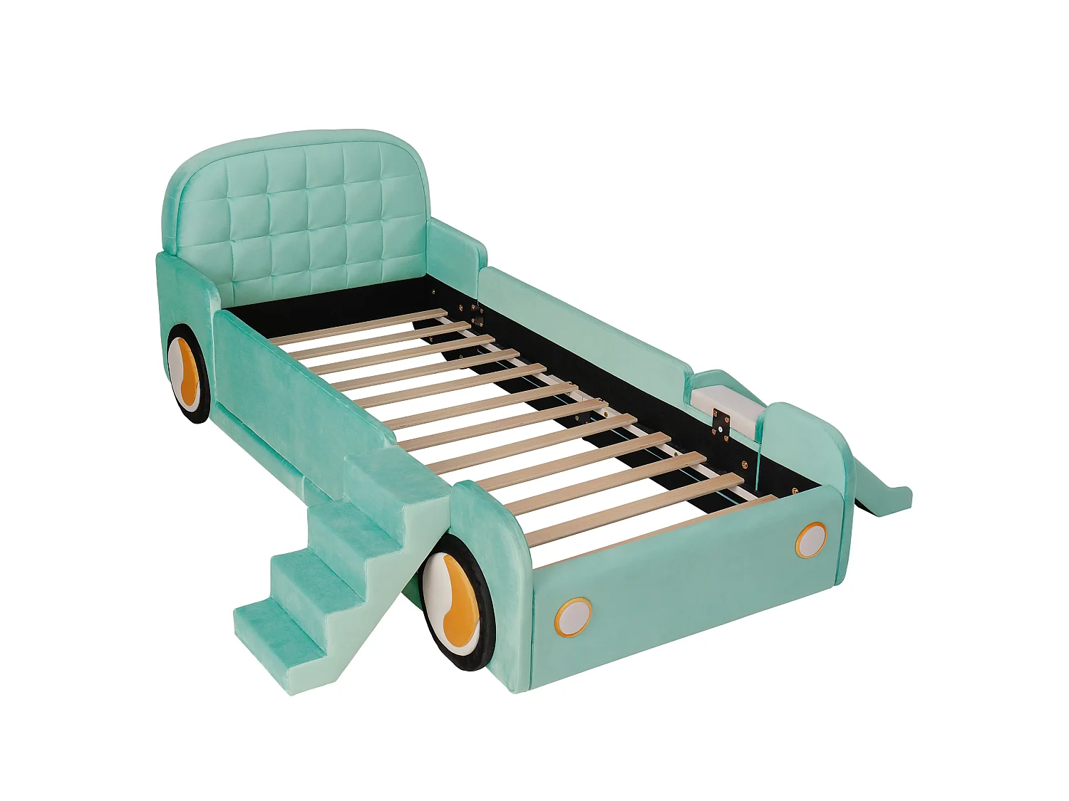 Einzelbett für Kinder gepolstert 90x200cm - mit Rutsche und Treppe - kann links oder rechts aufgestellt werden - Velours - blau-grün (ohne Matratze)