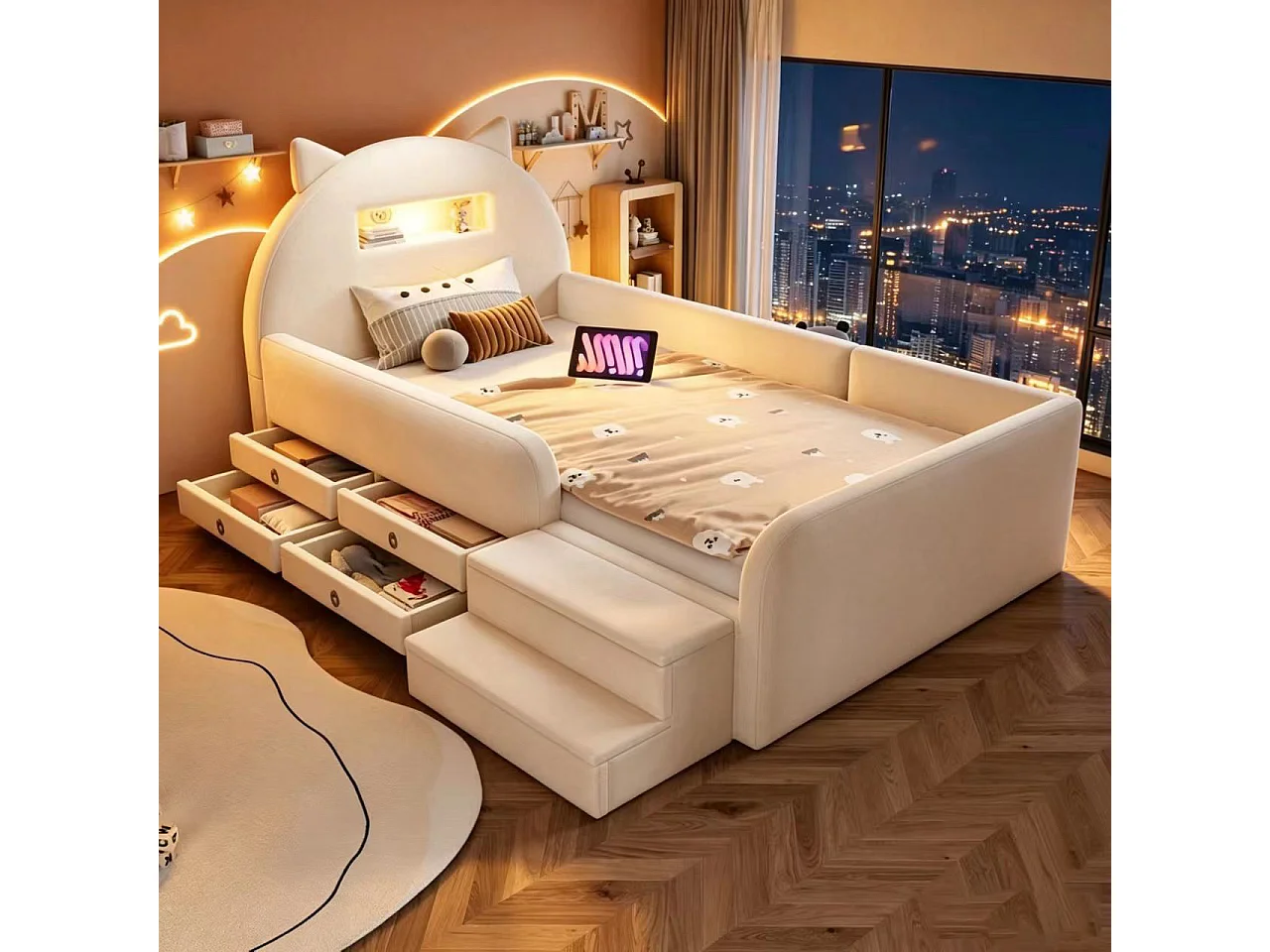 Barnsäng stoppad 90x200cm - Inbyggd nattlampa i sänggaveln - USB-port - Avtagbart fotstöd - 2 lådor - Velourtyg - beige (madrass ingår ej)