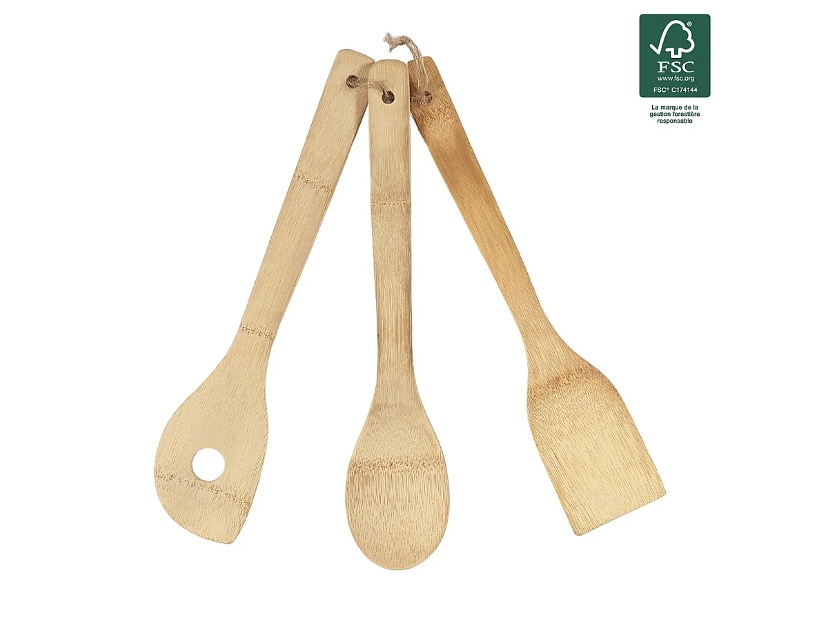 Lot de 3 Ustensiles de Cuisine "Bambou" 30cm Naturel