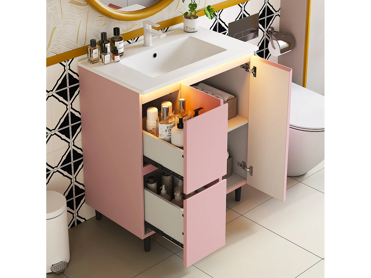 Bathroom cabinet with ceramic sink - with 2 drawers and 1 door - with LED - Lacquered finish - Pink