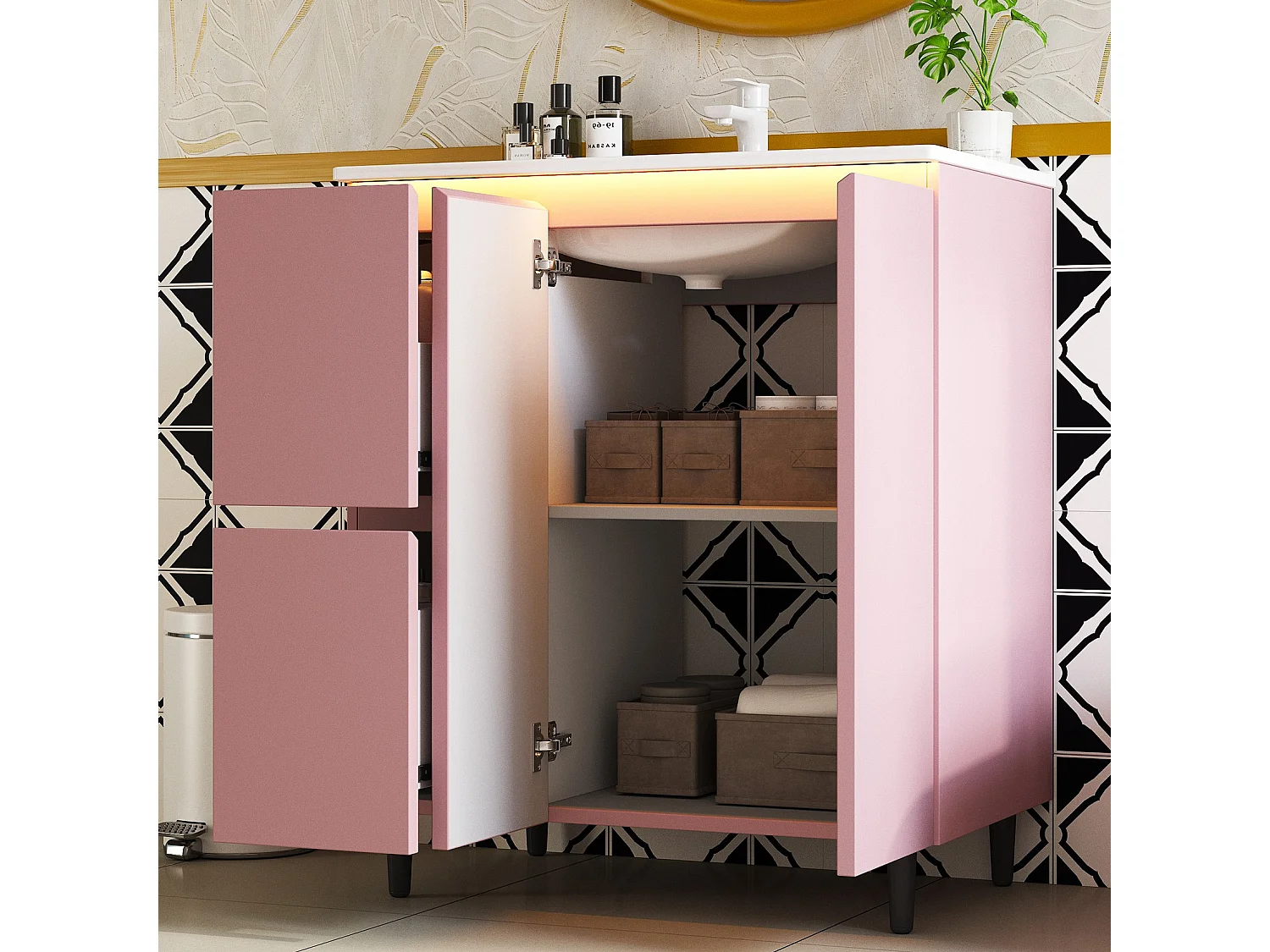 Bathroom cabinet with ceramic sink - with 2 drawers and 1 door - with LED - Lacquered finish - Pink