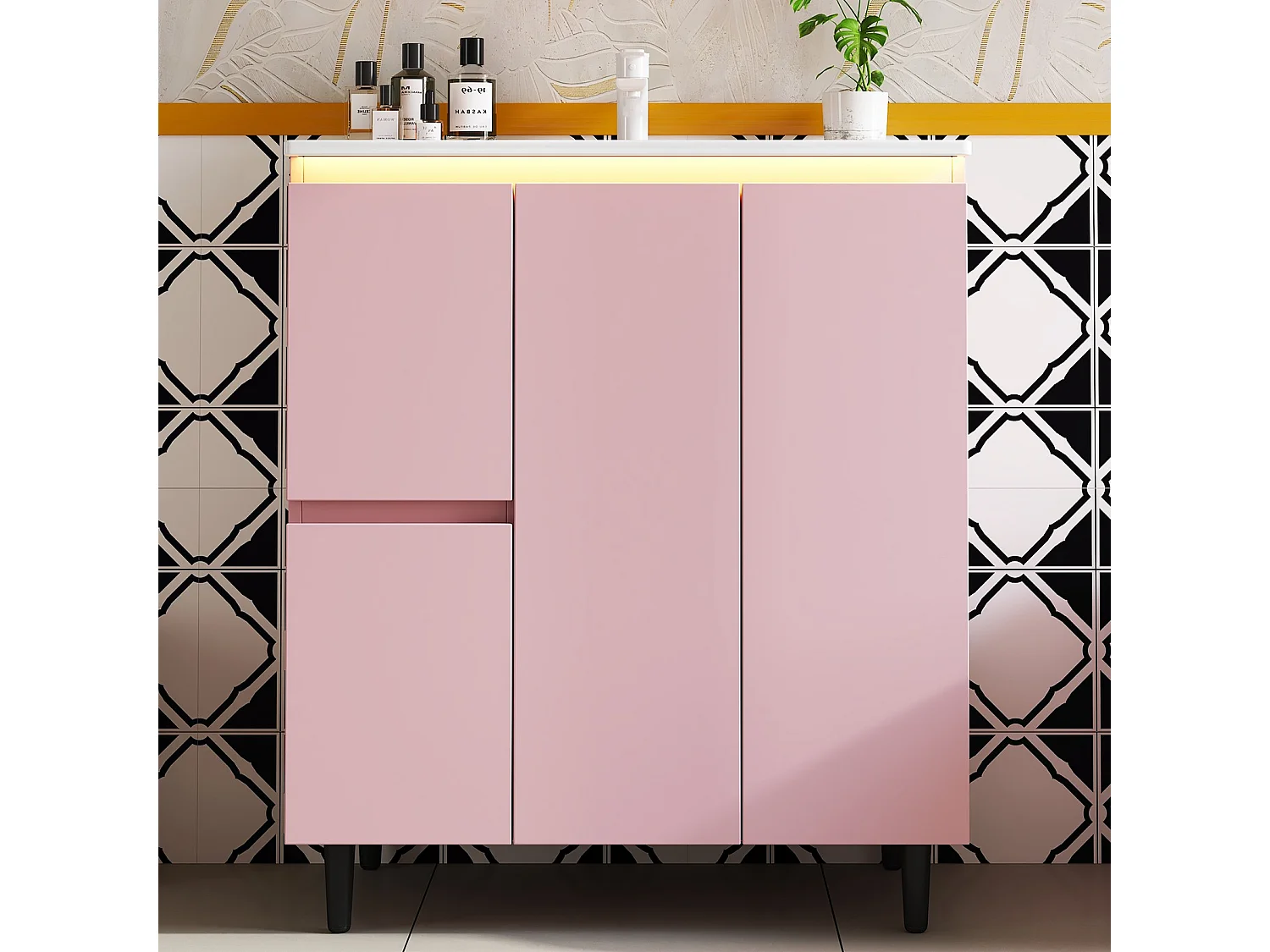 Bathroom cabinet with ceramic sink - with 2 drawers and 1 door - with LED - Lacquered finish - Pink