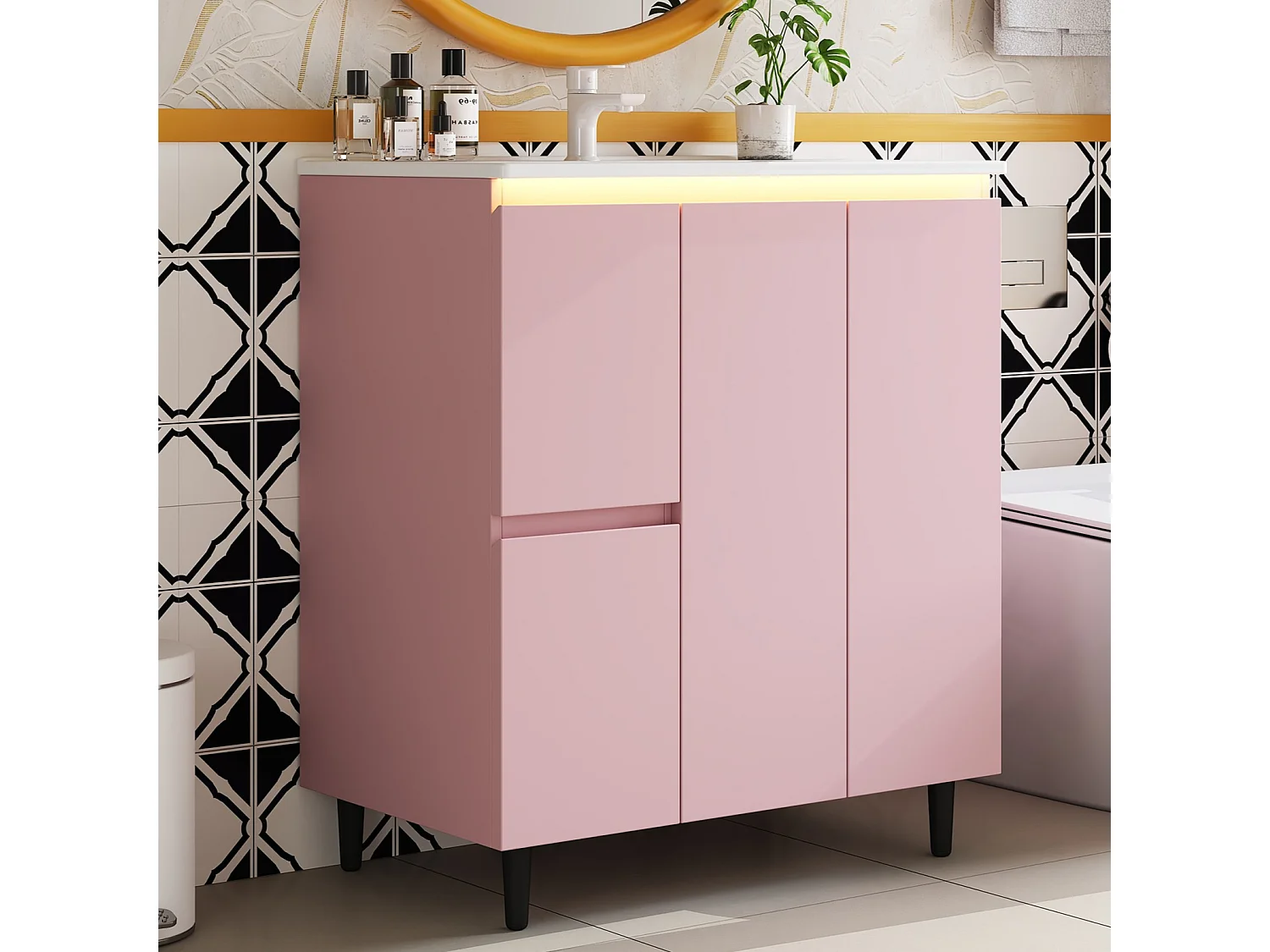 Bathroom cabinet with ceramic sink - with 2 drawers and 1 door - with LED - Lacquered finish - Pink