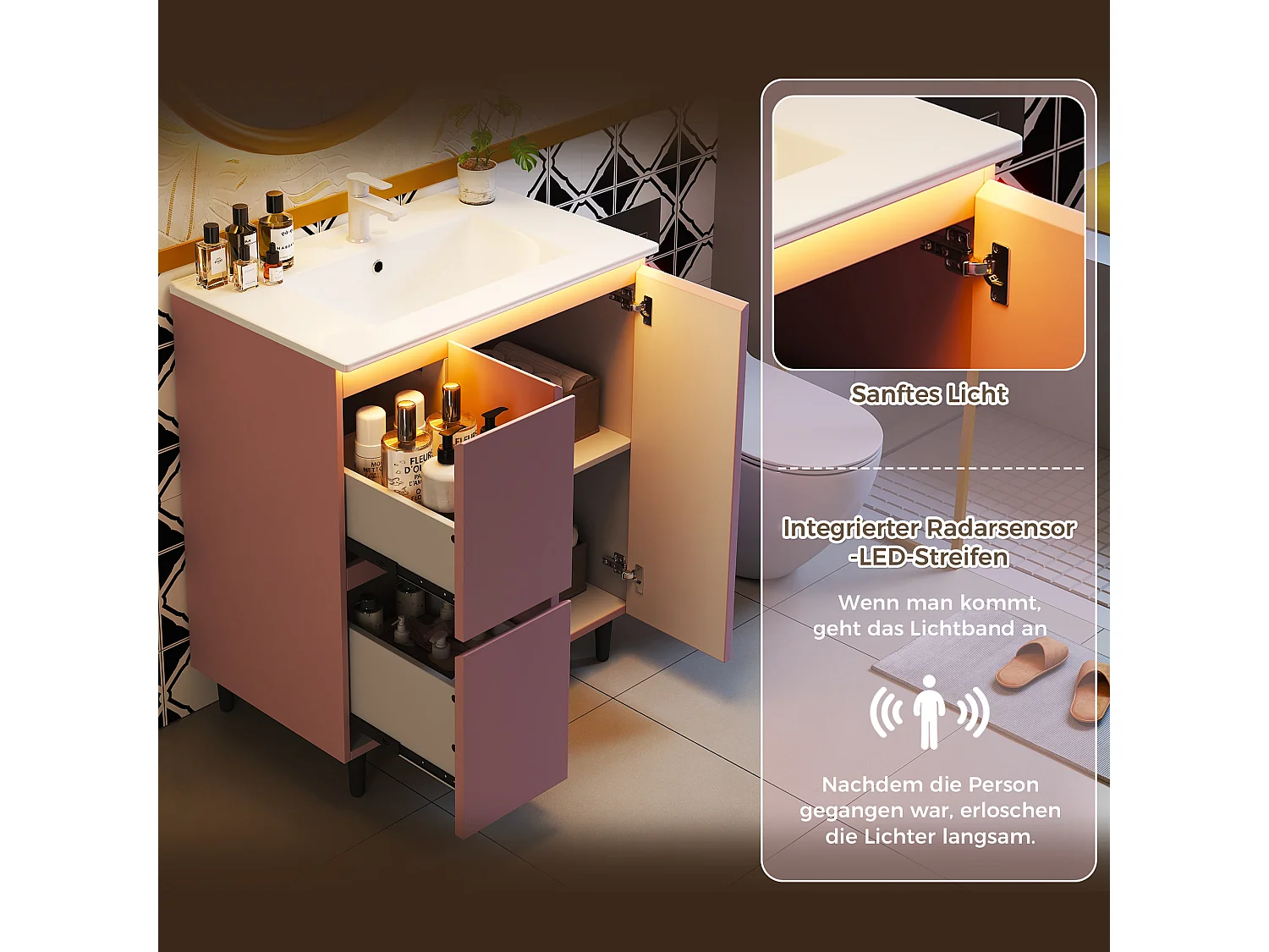 Bathroom cabinet with ceramic sink - with 2 drawers and 1 door - with LED - Lacquered finish - Pink