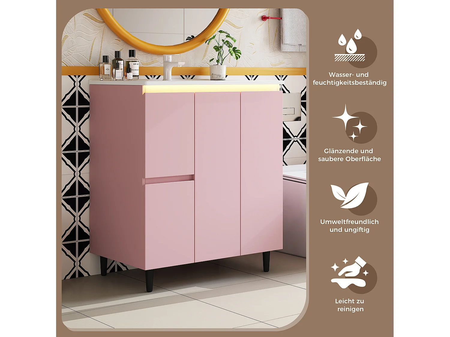 Bathroom cabinet with ceramic sink - with 2 drawers and 1 door - with LED - Lacquered finish - Pink