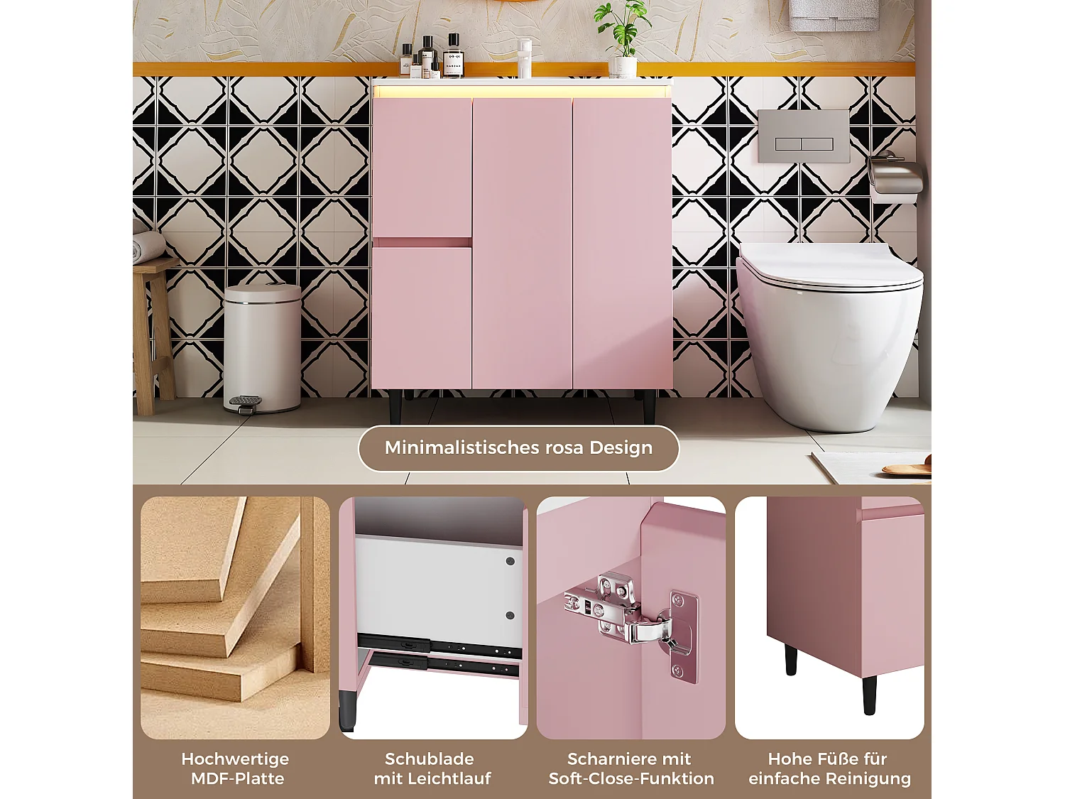 Bathroom cabinet with ceramic sink - with 2 drawers and 1 door - with LED - Lacquered finish - Pink