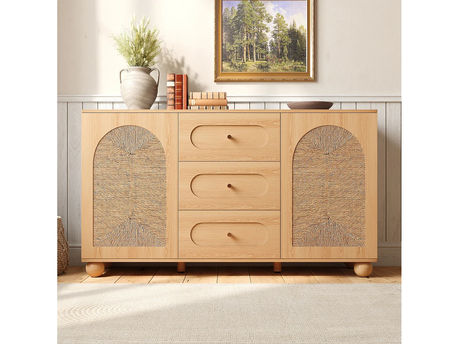 Buffet moderne 140x40x80 cm - 2 portes en rotin et 3 tiroirs - Pieds en pin - Panneaux de particules et MDF - Naturel