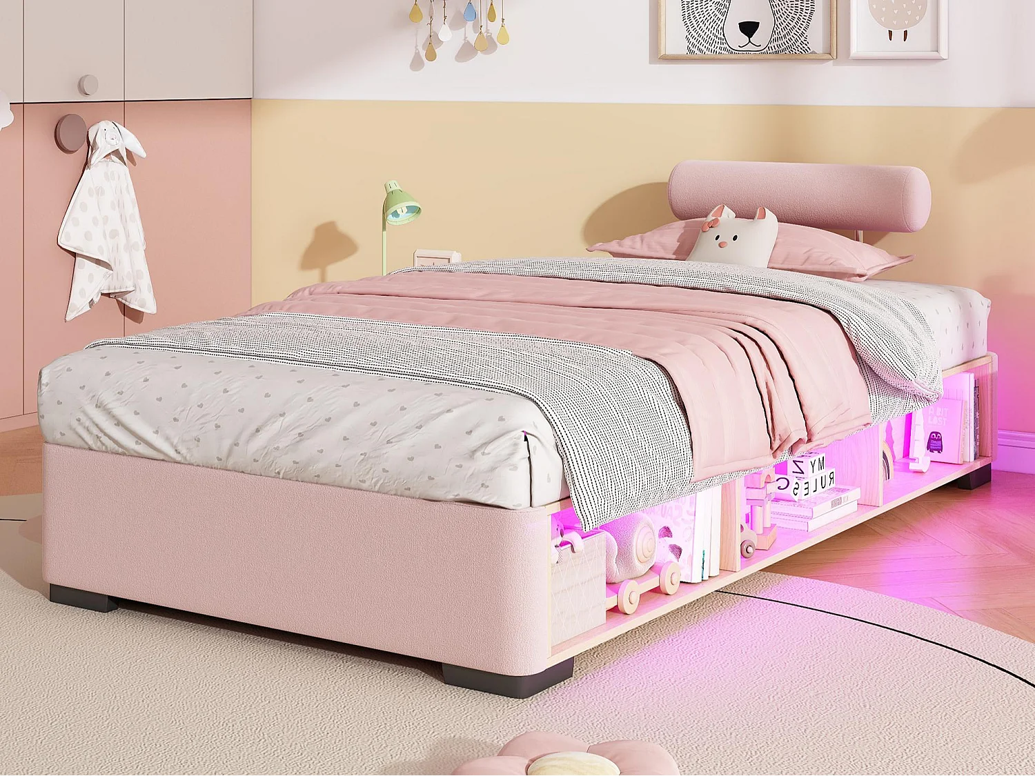 Lit simple pour enfant rembourré 90x200cm - Étagères latérales avec LED - espace de rangement ouvert - tissu velours - rose (sans matelas)