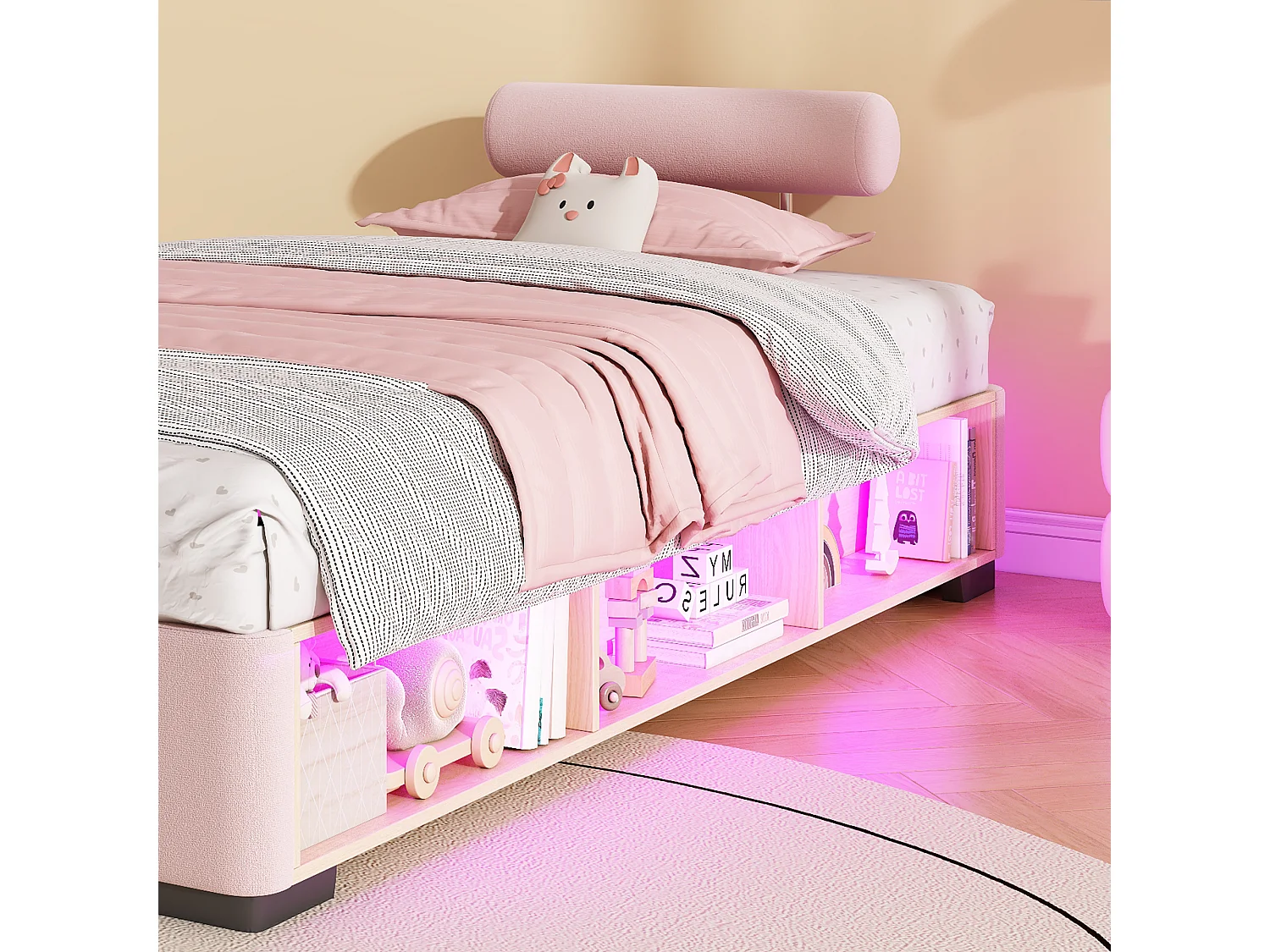 Lit simple pour enfant rembourré 90x200cm - Étagères latérales avec LED - espace de rangement ouvert - tissu velours - rose (sans matelas)