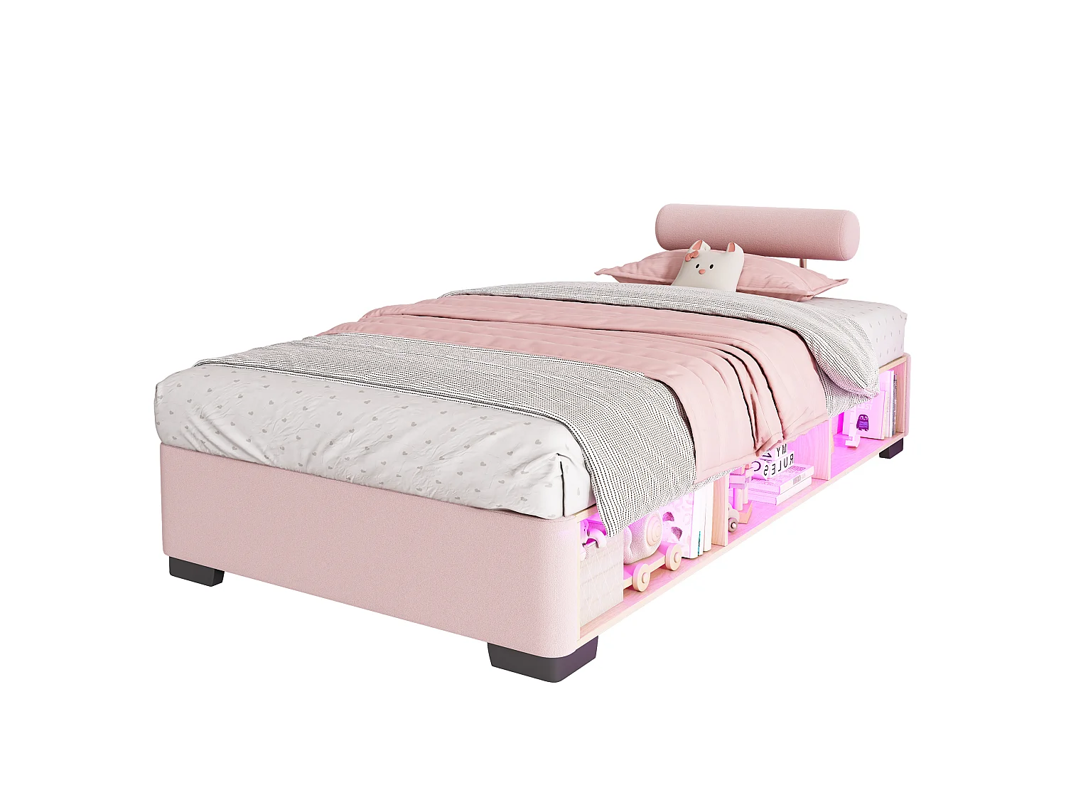Lit simple pour enfant rembourré 90x200cm - Étagères latérales avec LED - espace de rangement ouvert - tissu velours - rose (sans matelas)