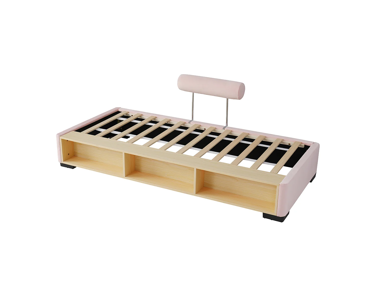 Lit simple pour enfant rembourré 90x200cm - Étagères latérales avec LED - espace de rangement ouvert - tissu velours - rose (sans matelas)