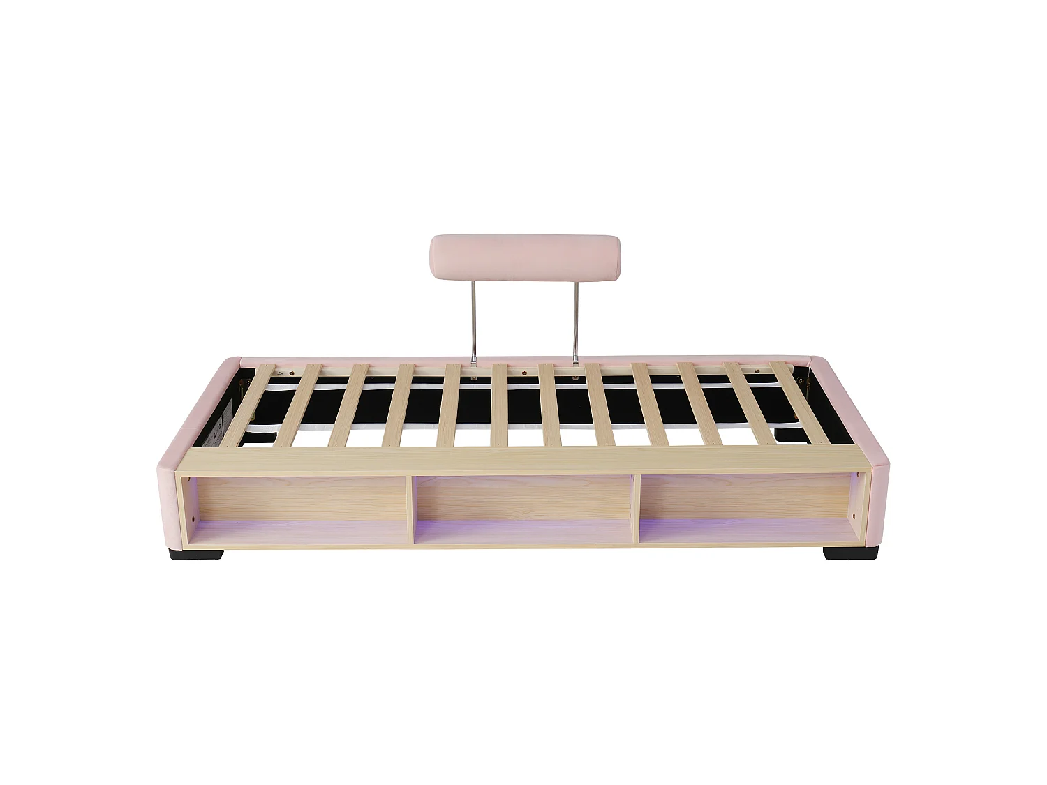 Lit simple pour enfant rembourré 90x200cm - Étagères latérales avec LED - espace de rangement ouvert - tissu velours - rose (sans matelas)