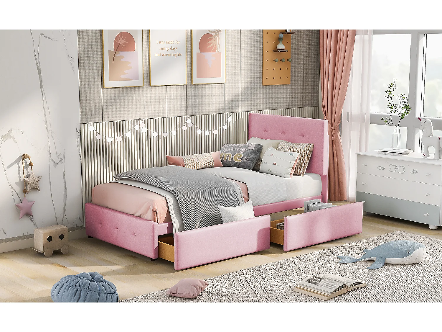 Lit rembourré 90x200, sommier lattes, dossier, 2 tiroirs, velours doux, rose, enfant/adolescent/appoint (sans mat)