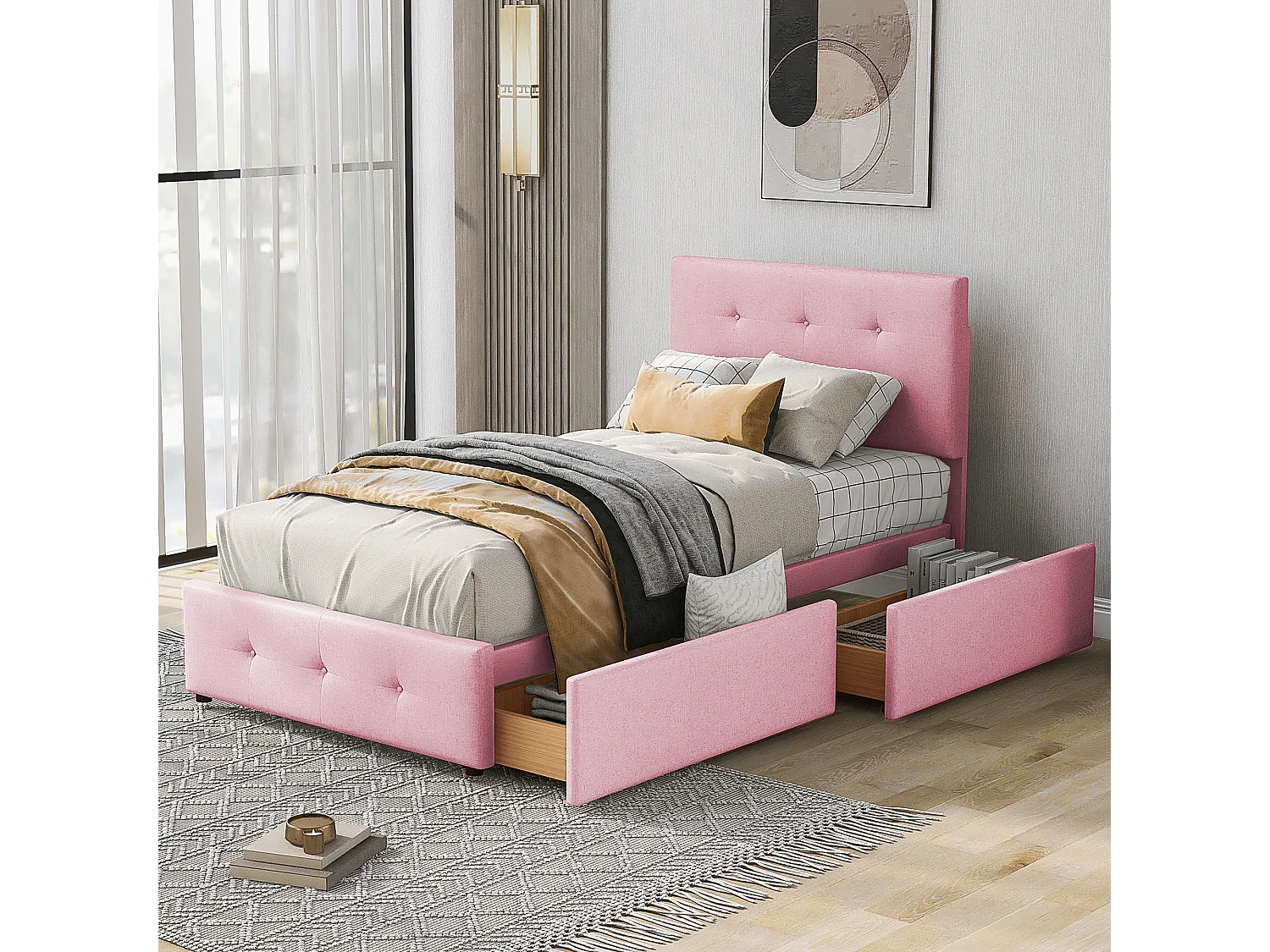 Lit rembourré 90x200, sommier lattes, dossier, 2 tiroirs, velours doux, rose, enfant/adolescent/appoint (sans mat)