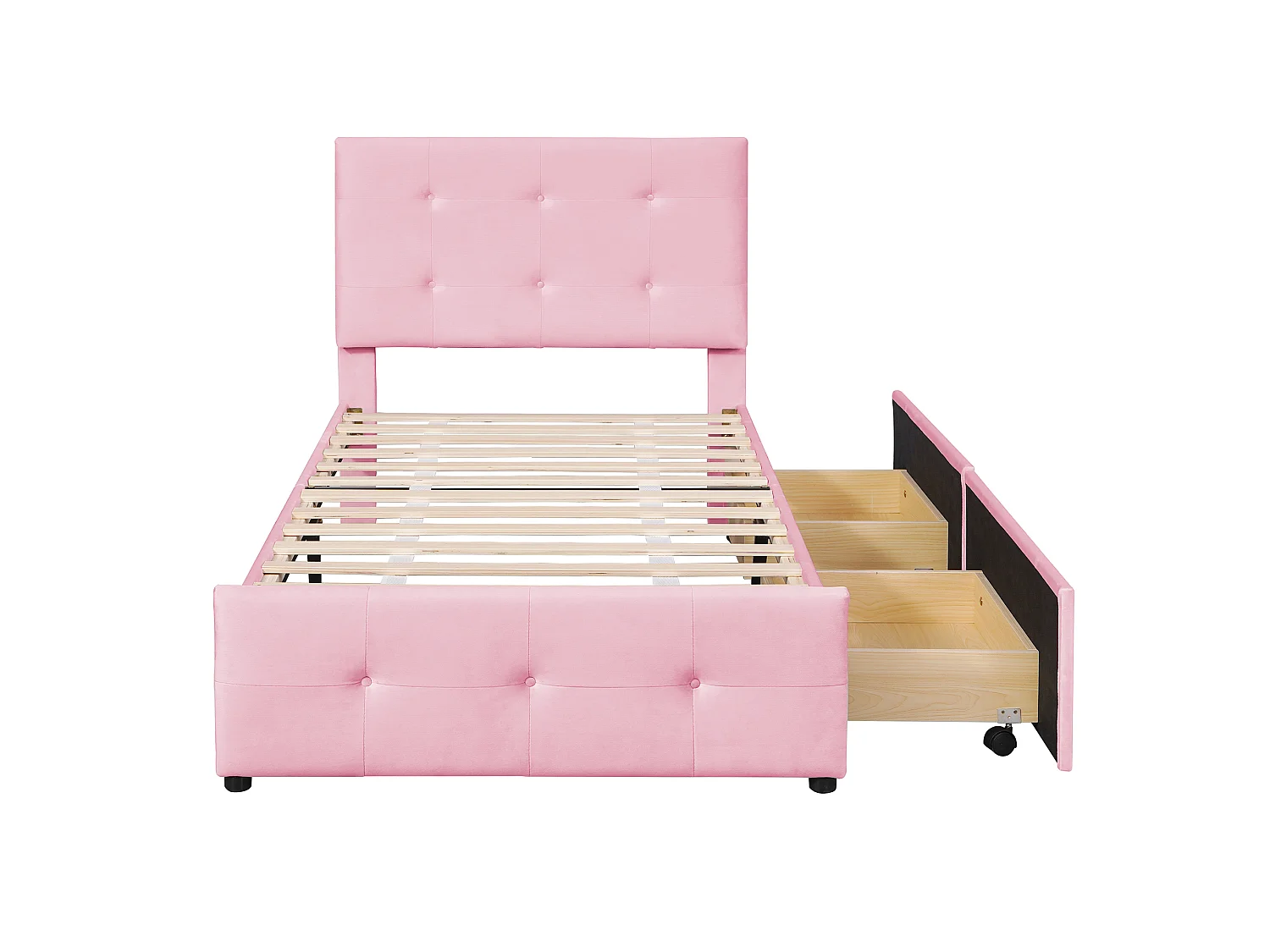 Lit rembourré 90x200, sommier lattes, dossier, 2 tiroirs, velours doux, rose, enfant/adolescent/appoint (sans mat)