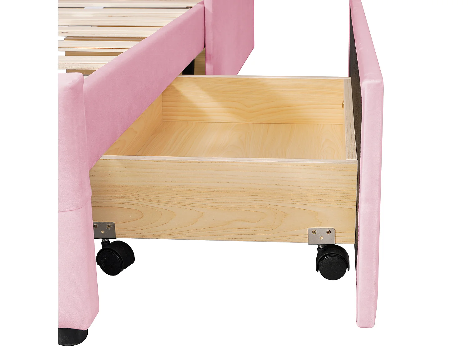 Lit rembourré 90x200, sommier lattes, dossier, 2 tiroirs, velours doux, rose, enfant/adolescent/appoint (sans mat)