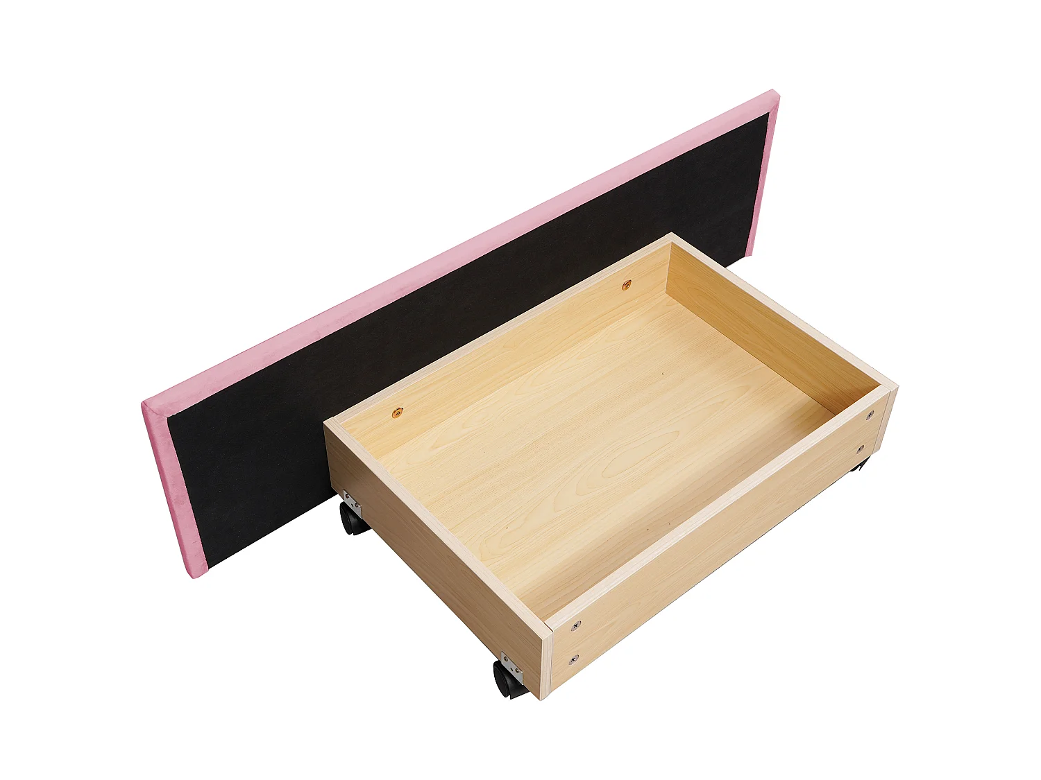Lit rembourré 90x200, sommier lattes, dossier, 2 tiroirs, velours doux, rose, enfant/adolescent/appoint (sans mat)