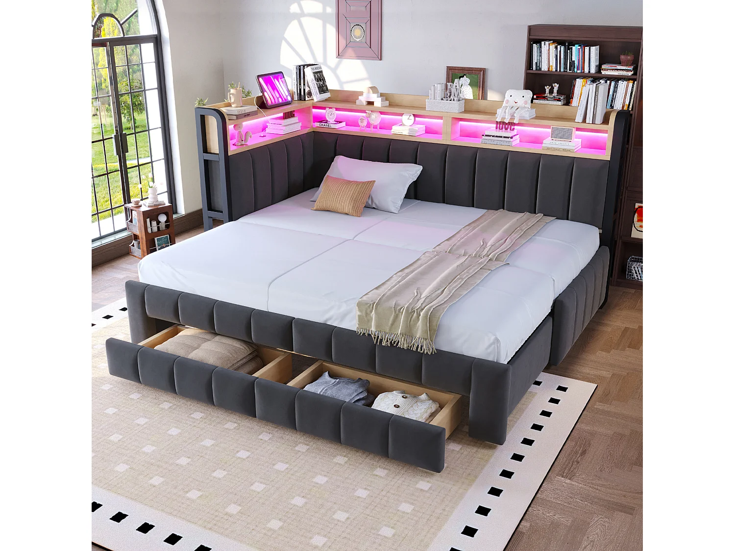 Kapitonnerad bäddsoffa 180 × 200 cm - med utdragssäng - med 2 lådor - med LED-ljus - med USB + Type-C-gränssnitt - Mörkgrå (madrass ingår ej)
