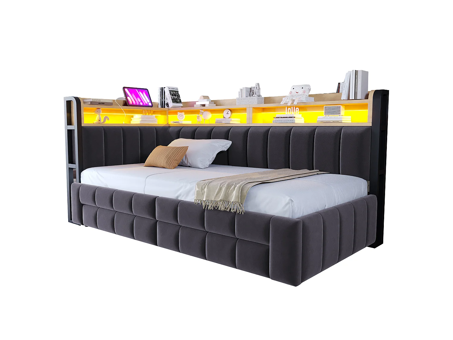 Kapitonnerad bäddsoffa 180 × 200 cm - med utdragssäng - med 2 lådor - med LED-ljus - med USB + Type-C-gränssnitt - Mörkgrå (madrass ingår ej)