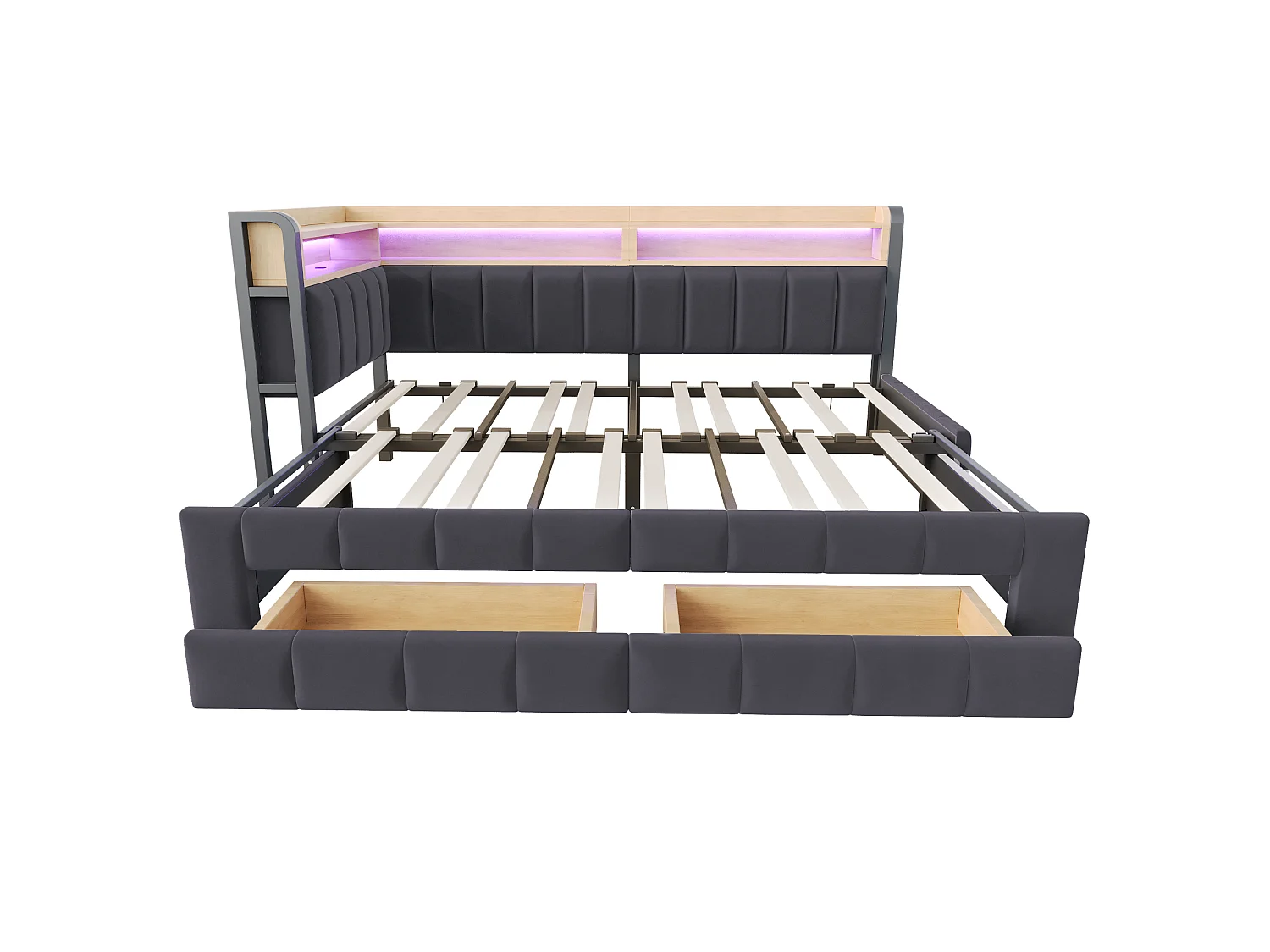 Kapitonnerad bäddsoffa 180 × 200 cm - med utdragssäng - med 2 lådor - med LED-ljus - med USB + Type-C-gränssnitt - Mörkgrå (madrass ingår ej)