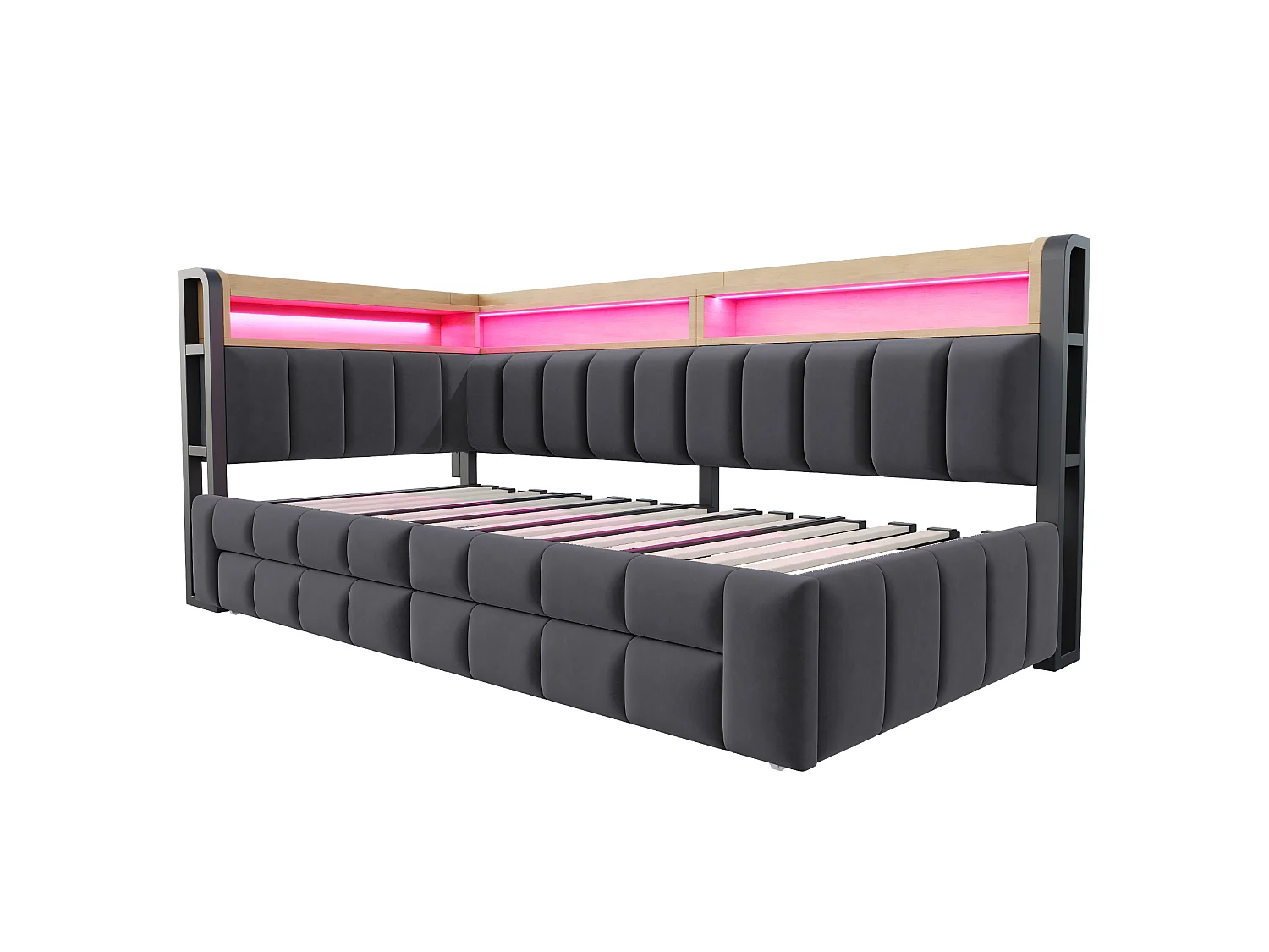Kapitonnerad bäddsoffa 180 × 200 cm - med utdragssäng - med 2 lådor - med LED-ljus - med USB + Type-C-gränssnitt - Mörkgrå (madrass ingår ej)