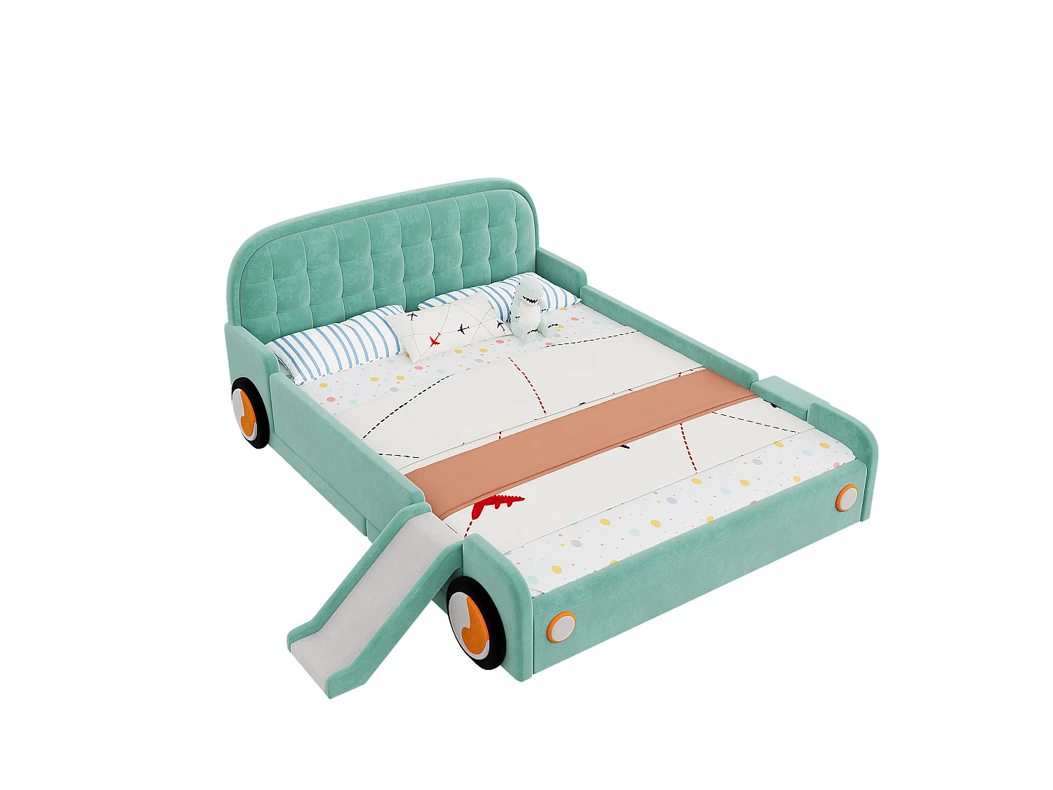Bettkasten-Bett gepolstert 140x200cm - Automobil-Stil - mit Rutsche und Treppe - kann links oder rechts aufgestellt werden - Velours - blau-grün (ohne Matratze)