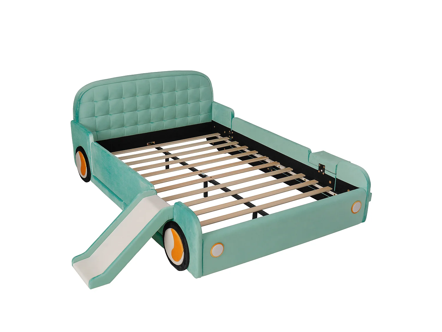 Bettkasten-Bett gepolstert 140x200cm - Automobil-Stil - mit Rutsche und Treppe - kann links oder rechts aufgestellt werden - Velours - blau-grün (ohne Matratze)