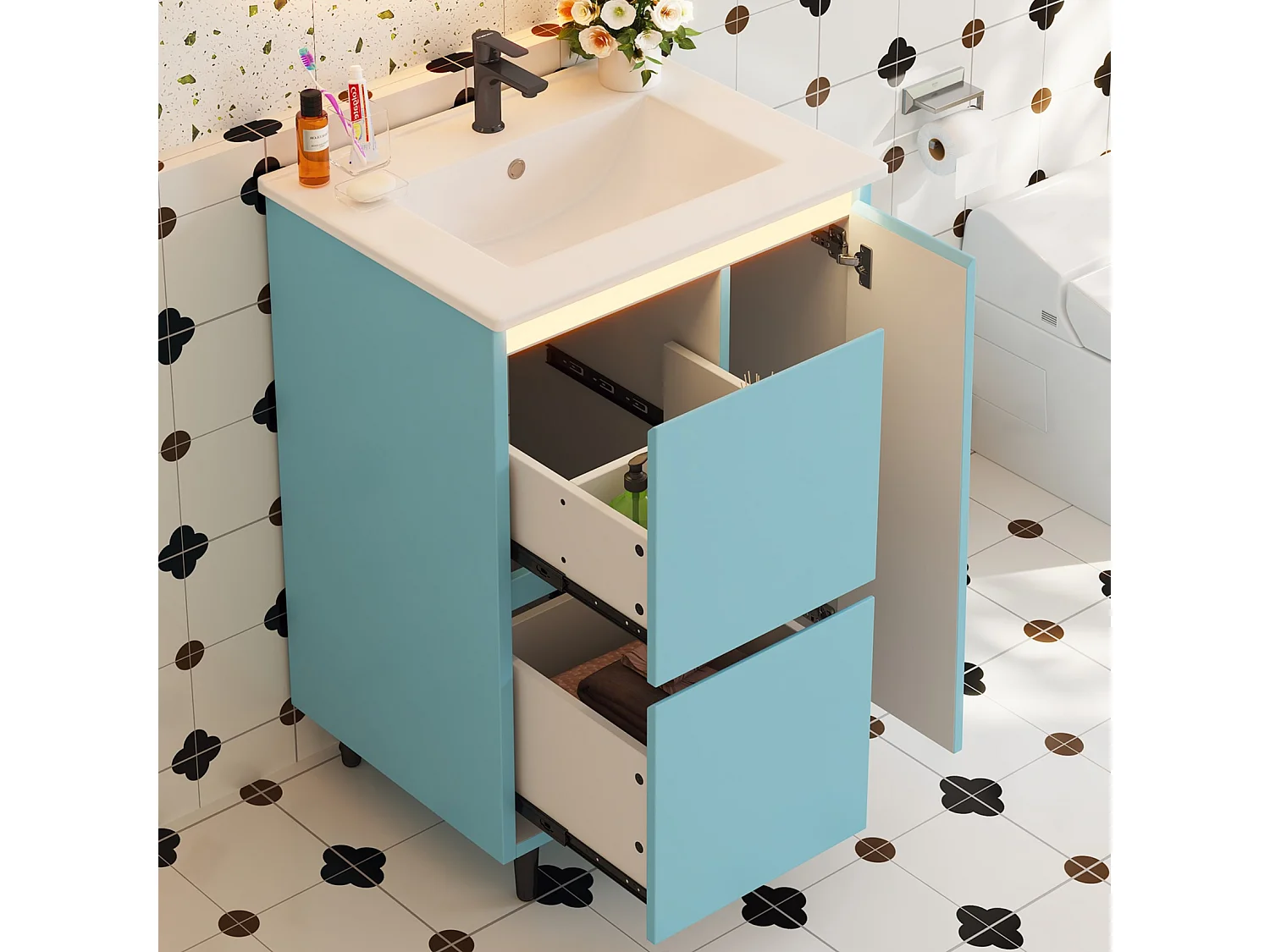 Móvel de banheiro com cuba em cerâmica - com 2 gavetas e 1 porta - Acabamento laqueado - Azul