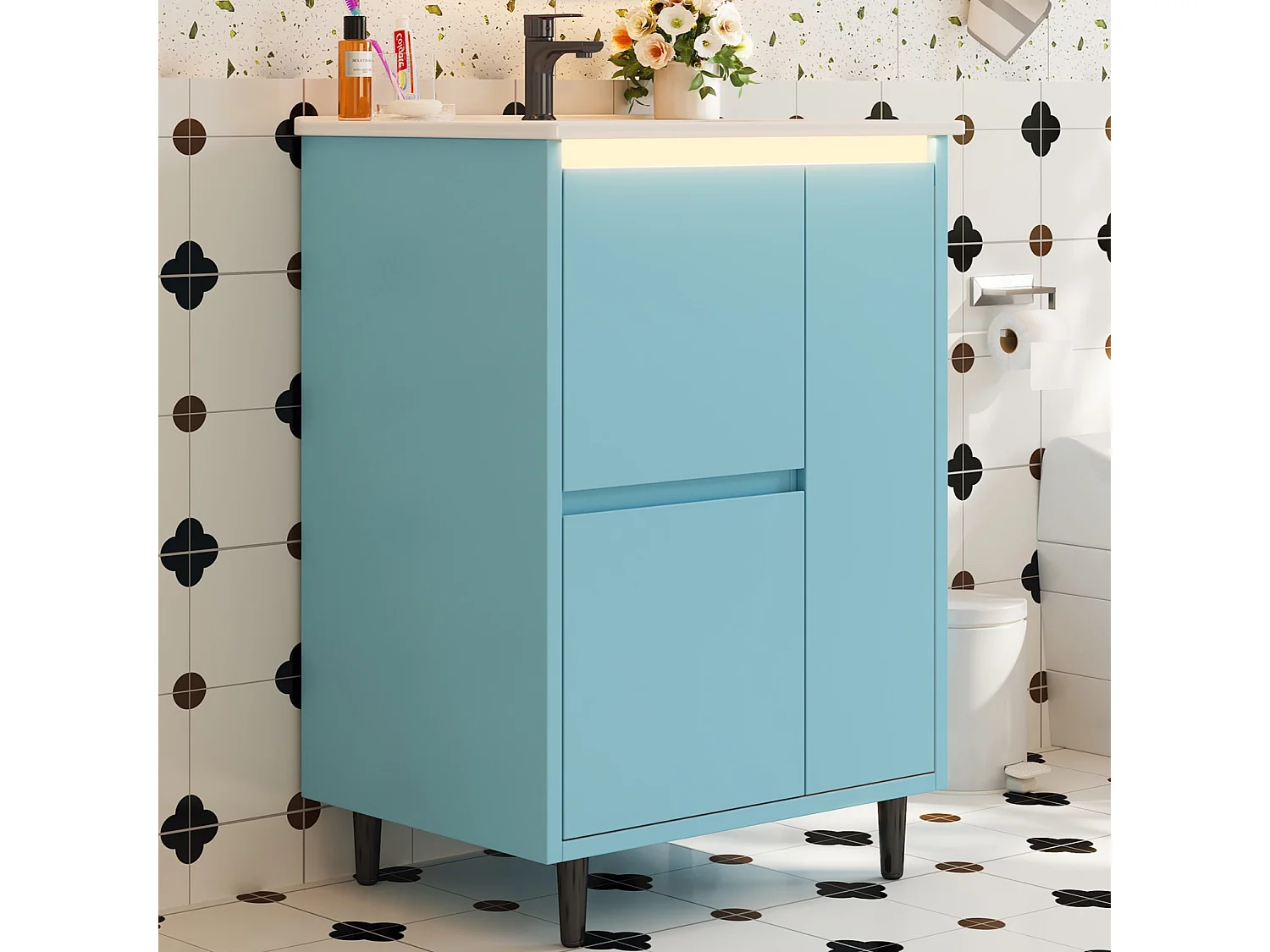 Móvel de banheiro com cuba em cerâmica - com 2 gavetas e 1 porta - Acabamento laqueado - Azul