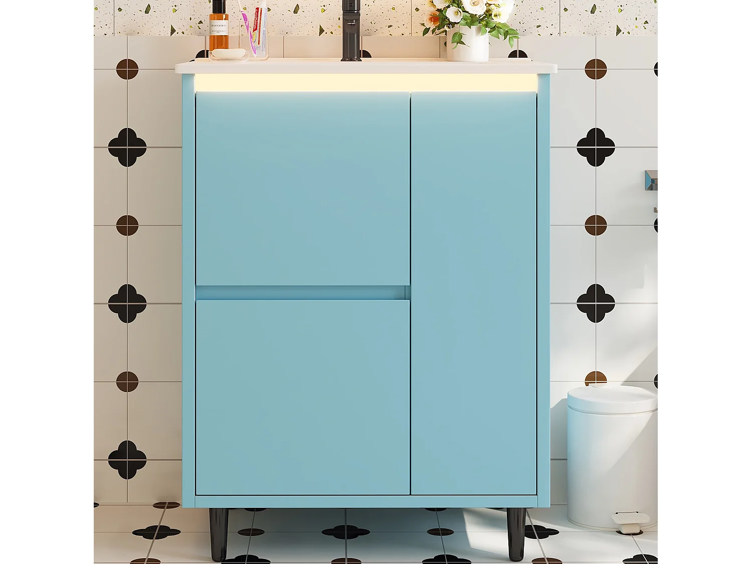 Móvel de banheiro com cuba em cerâmica - com 2 gavetas e 1 porta - Acabamento laqueado - Azul
