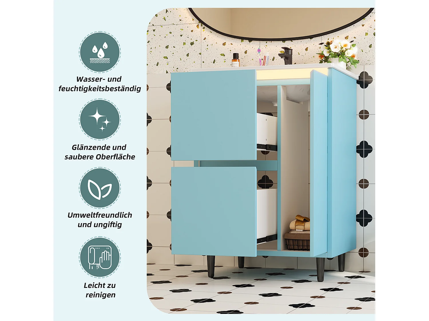 Móvel de banheiro com cuba em cerâmica - com 2 gavetas e 1 porta - Acabamento laqueado - Azul