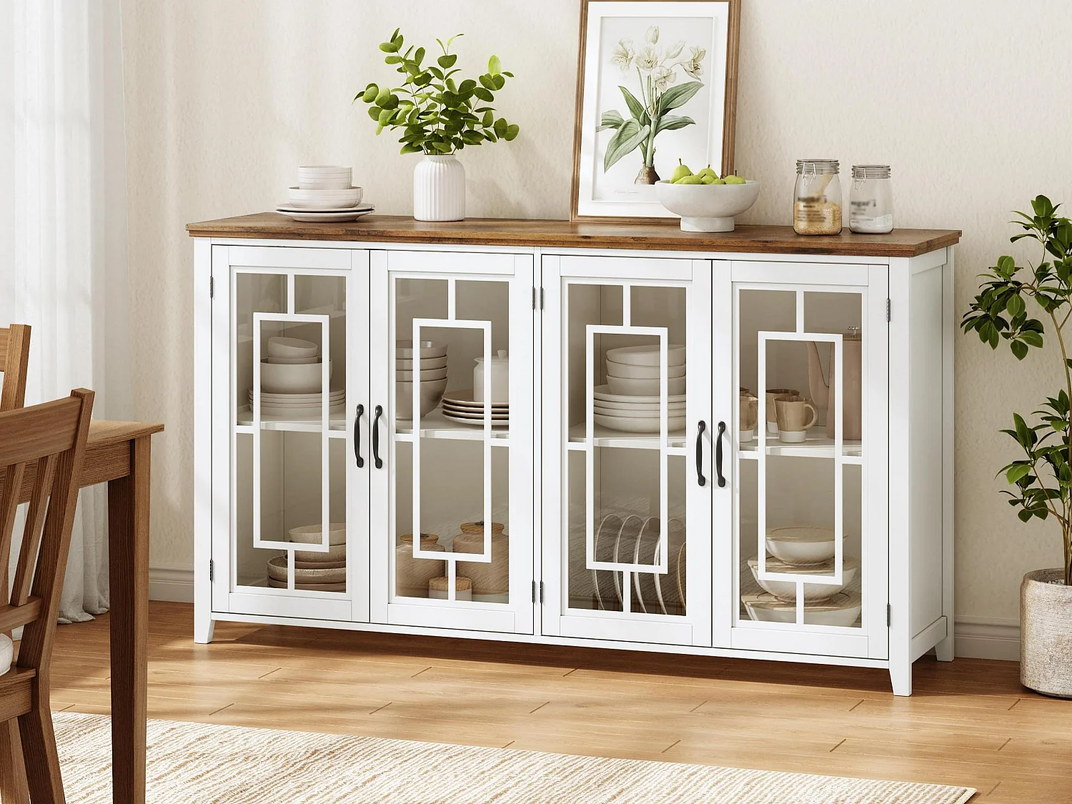 Buffet moderno 160x40x86cm - con 4 ante in vetro - piano in legno effetto legno - Bianco