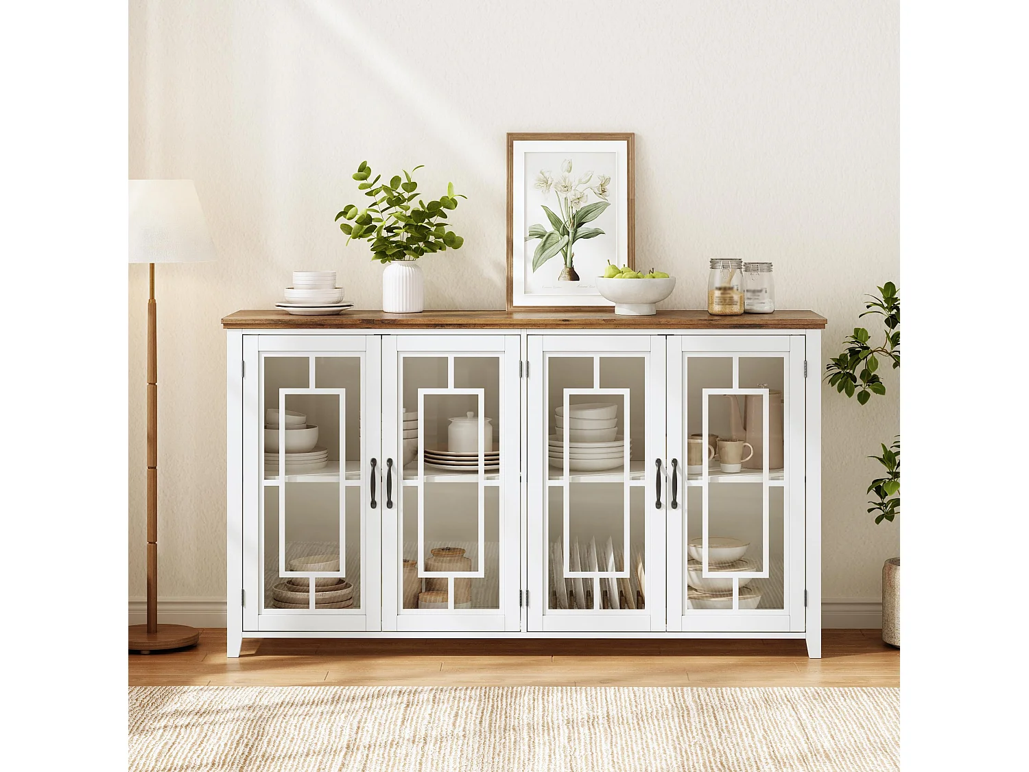 Buffet moderno 160x40x86cm - con 4 ante in vetro - piano in legno effetto legno - Bianco